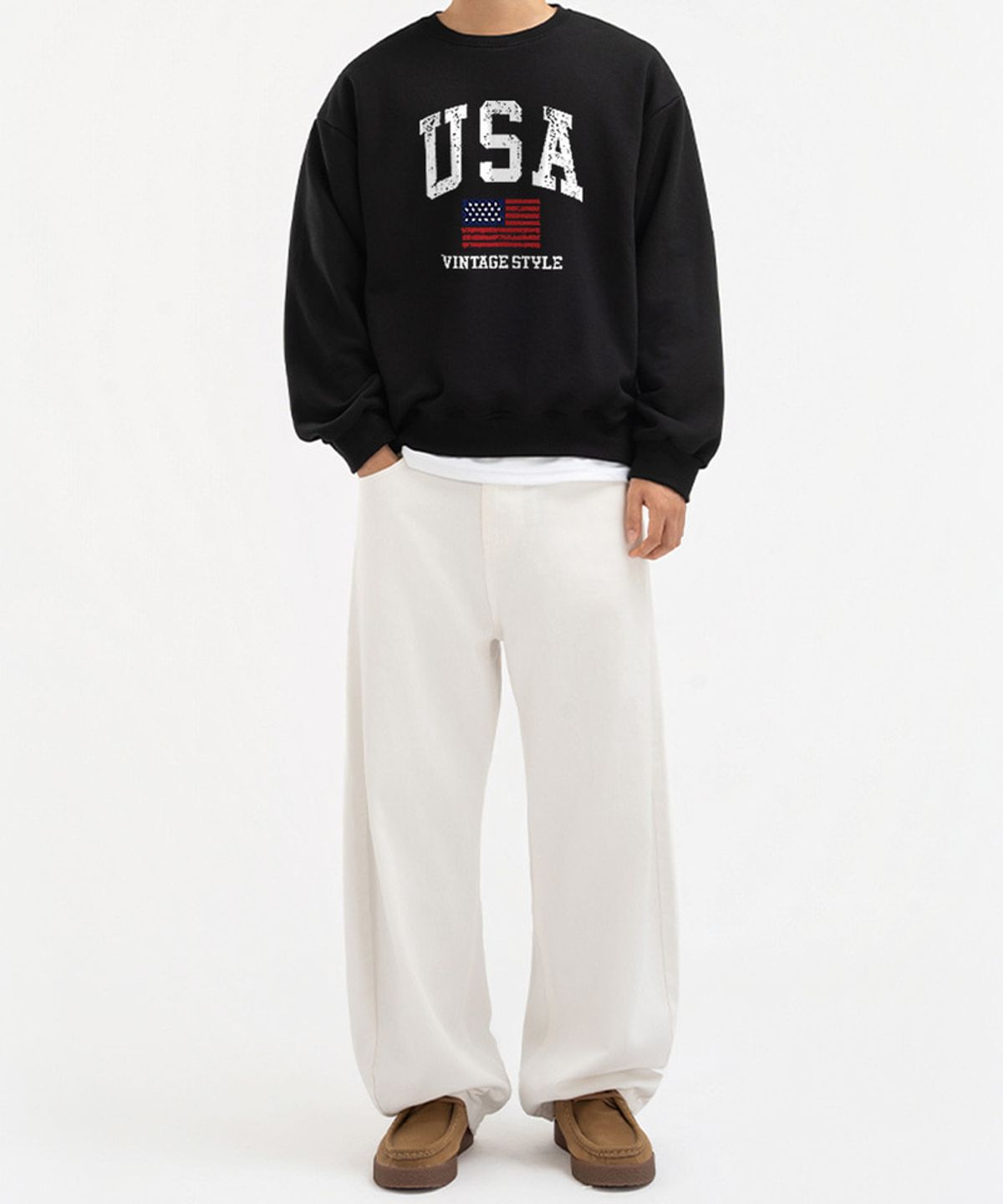 언더오프(UNDEROFF) 피치스킨 에센셜 빈티지USA 기모 맨투맨 네이비