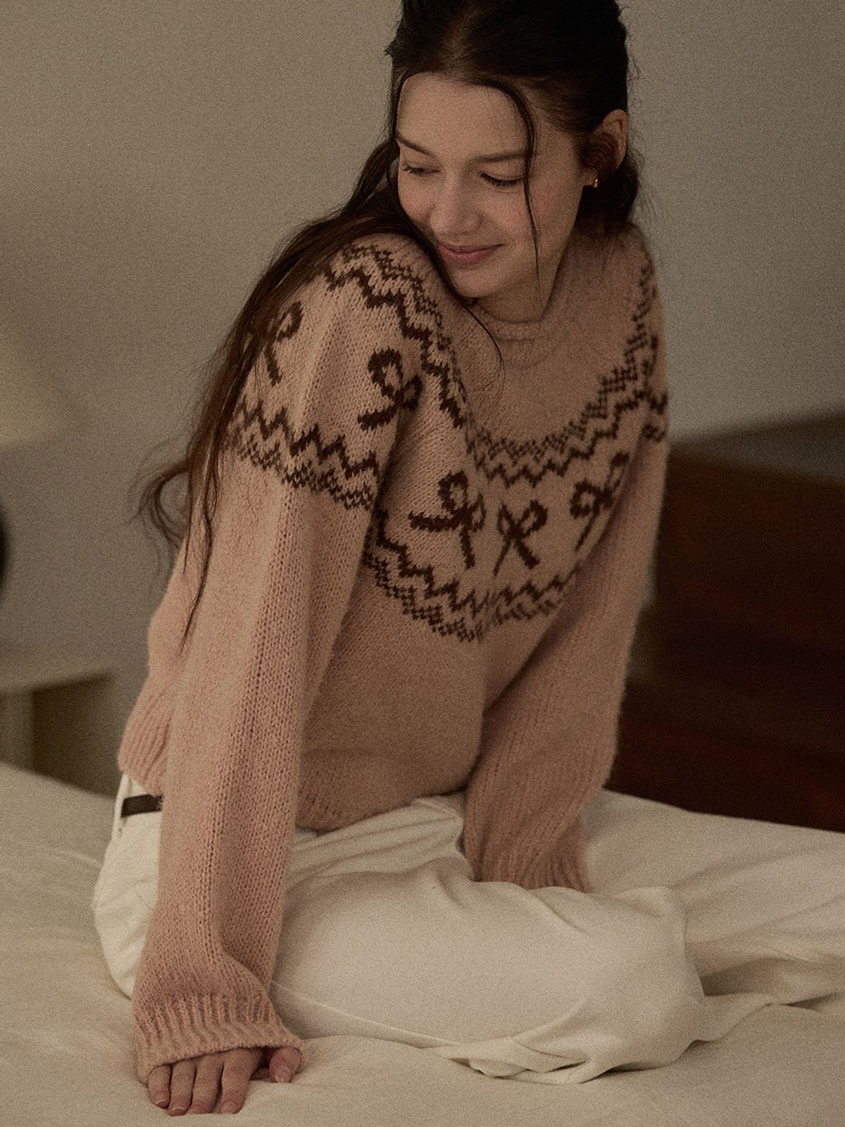 비뮤즈맨션(BEMUSE MANSION) Ribbon nordic knit - Beige