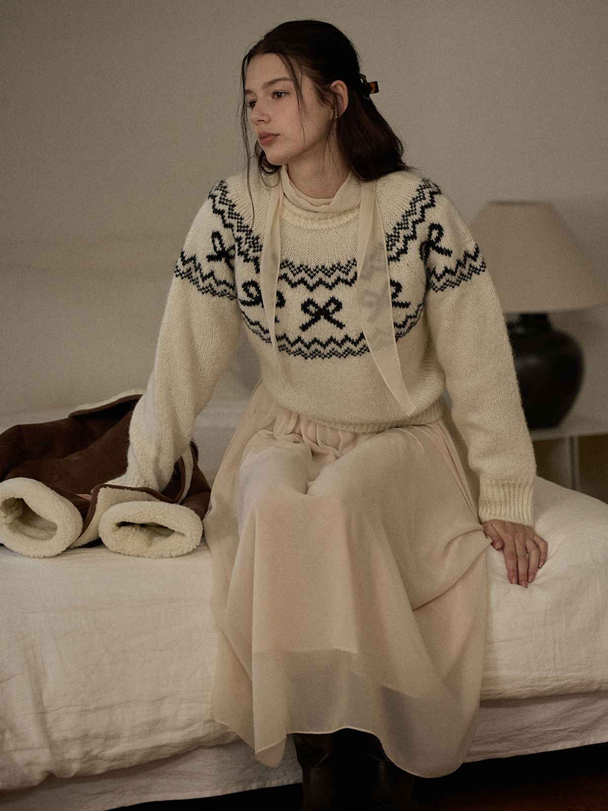 비뮤즈맨션(BEMUSE MANSION) Ribbon nordic knit - Ivory