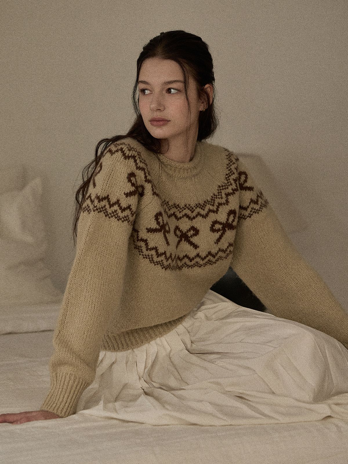 비뮤즈맨션(BEMUSE MANSION) Ribbon nordic knit - Ivory