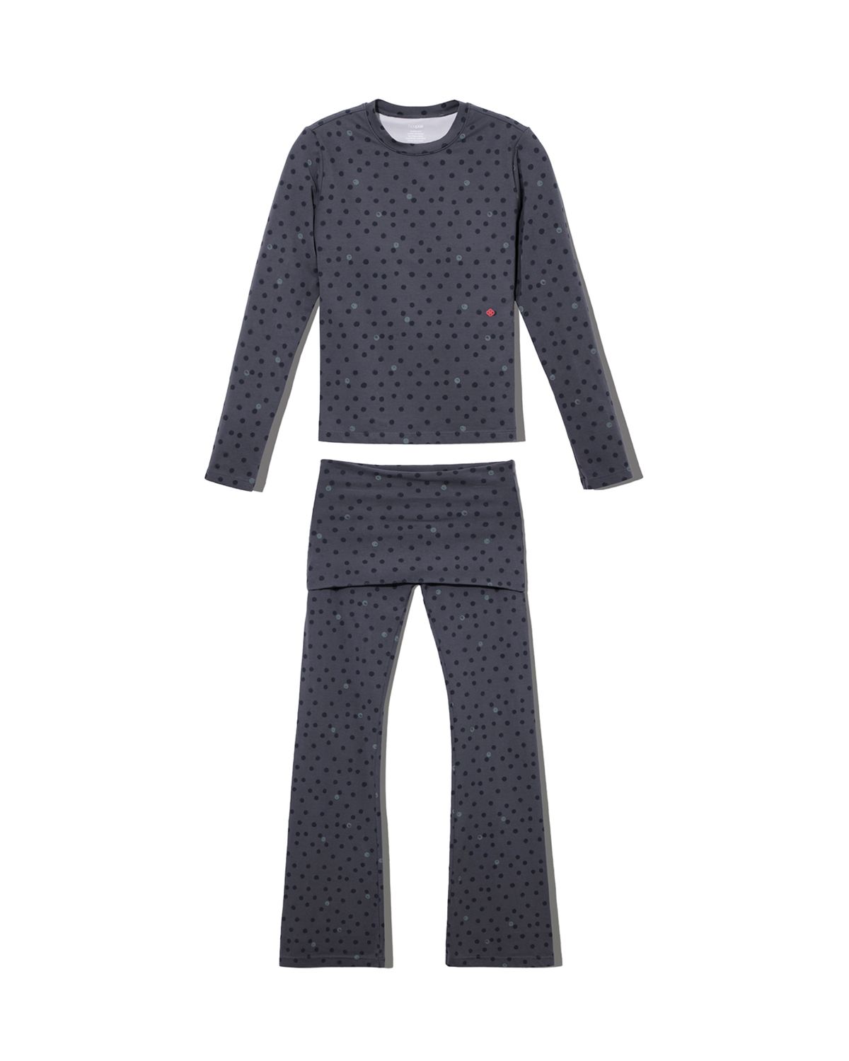 후포(HOOPOE) signature long sleeve bratop &  flare fit stretch pants in dot print_charcoal