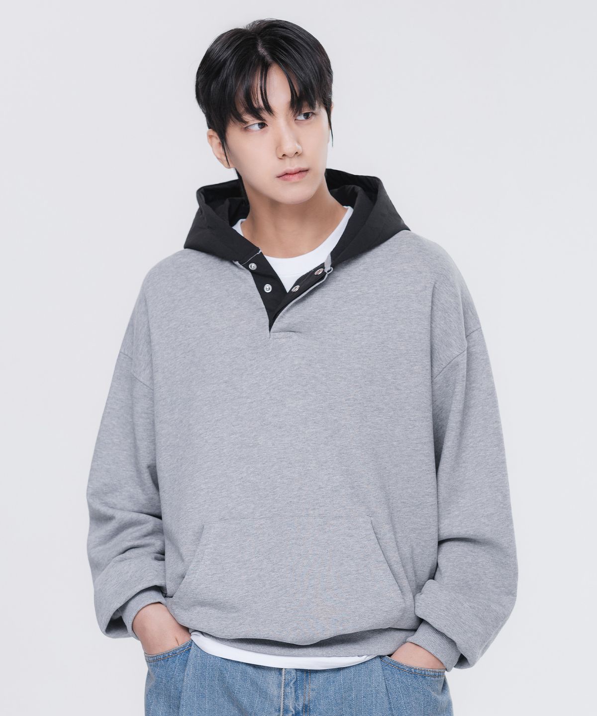 앨빈클로(ALVINCLO) 후드 배색 컬러 매치 버튼 후드티 DLX2961 (3 COLOR)