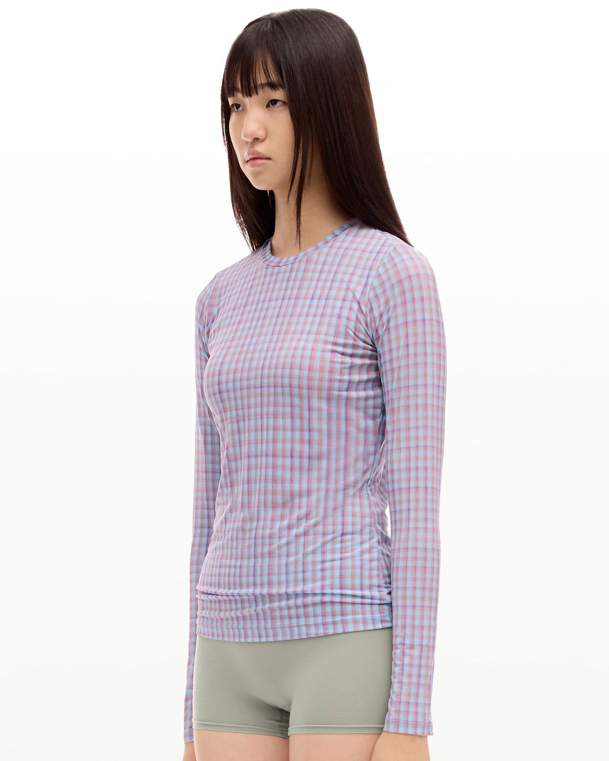 후포(HOOPOE) signature long sleeve bratop in check print_dusty lilac