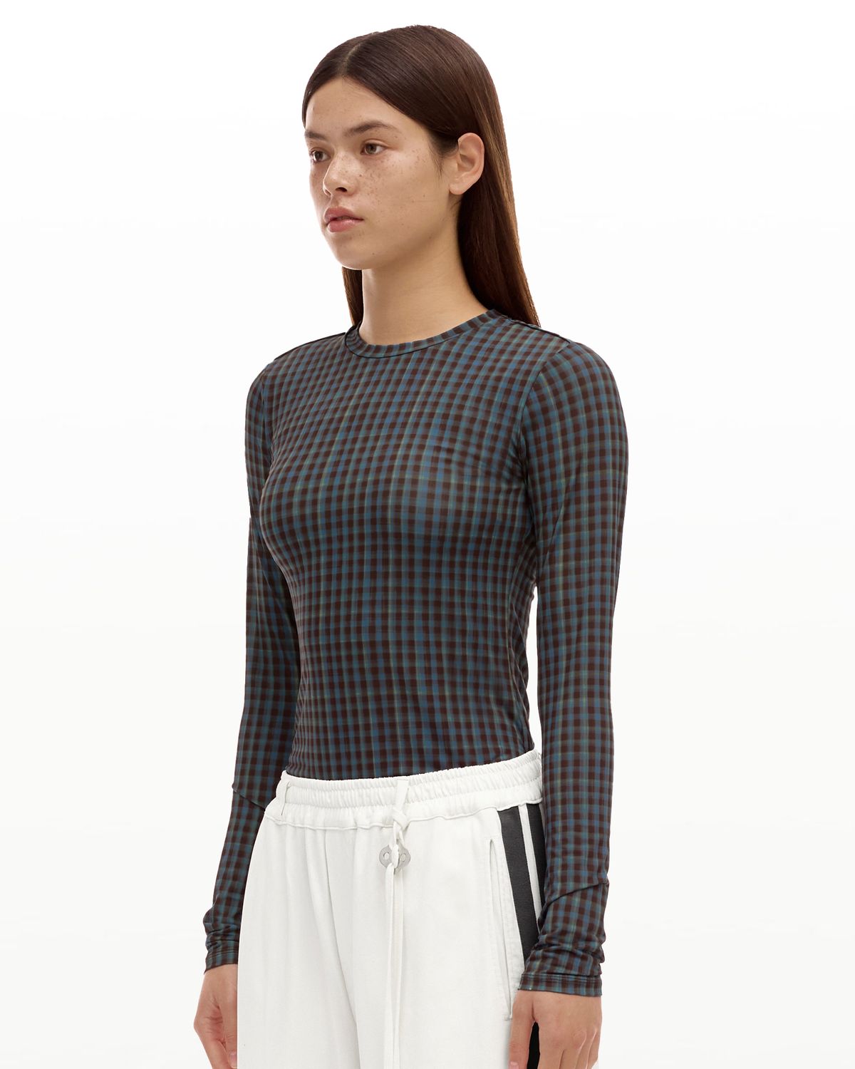 후포(HOOPOE) signature long sleeve bratop in check print_espresso blue