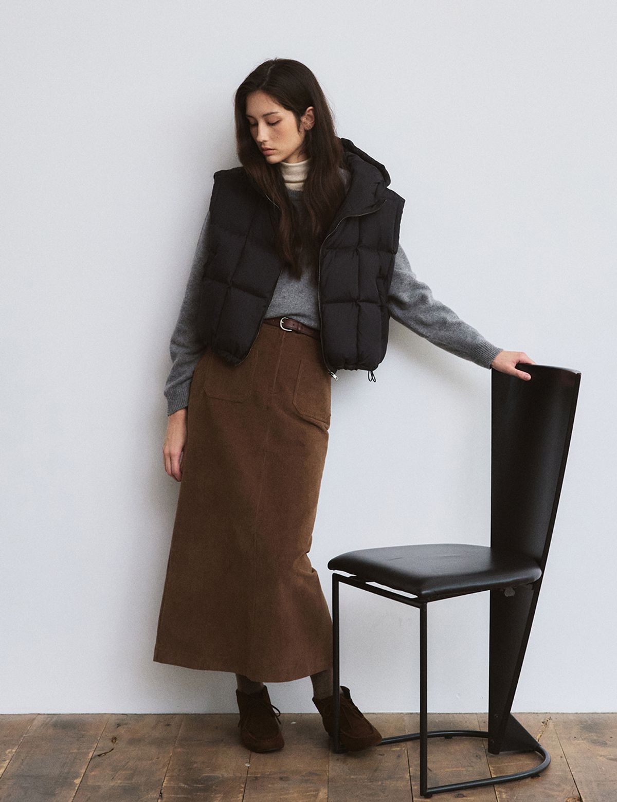 더엘로(THEELO) H-line Corduroy Skirt (Brown)