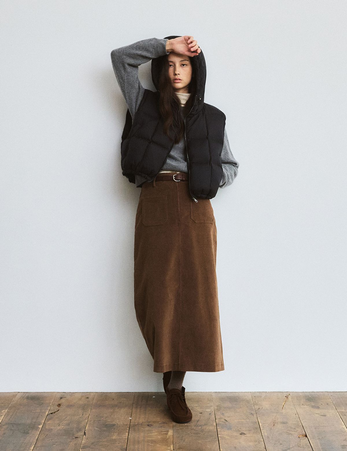더엘로(THEELO) H-line Corduroy Skirt (Brown)