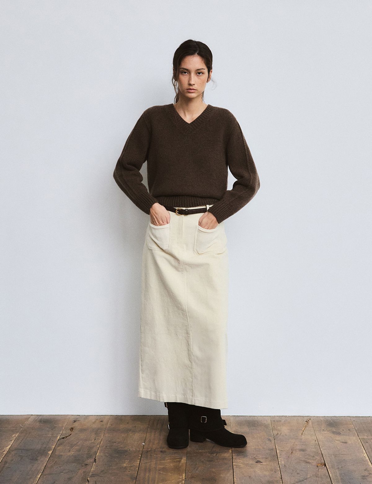 더엘로(THEELO) H-line Corduroy Skirt (Ivory)