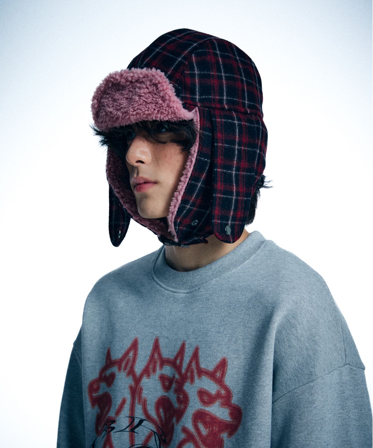 유얼쎄시(YOUR SASSY) Fuzzy Bunny Check Trapper Hat (RED)