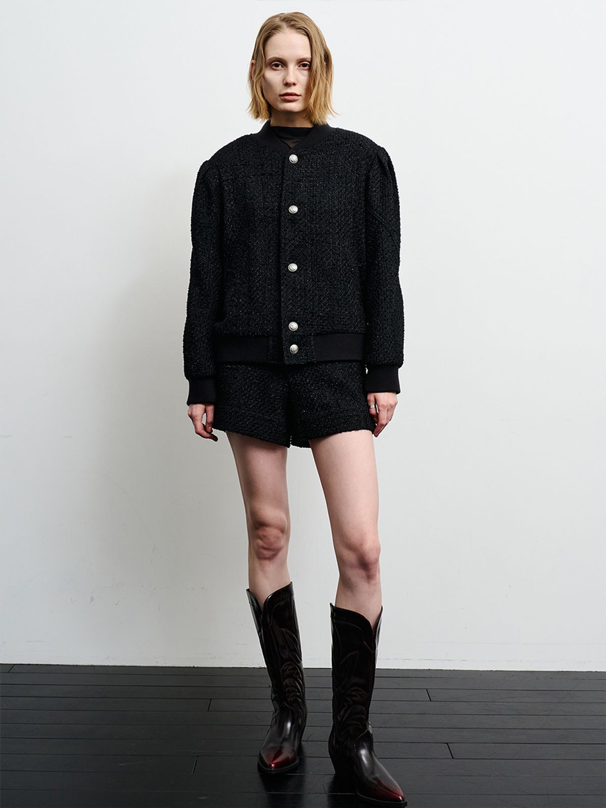 리게(RIGHE) TWEED VARSITY JACKET BLACK