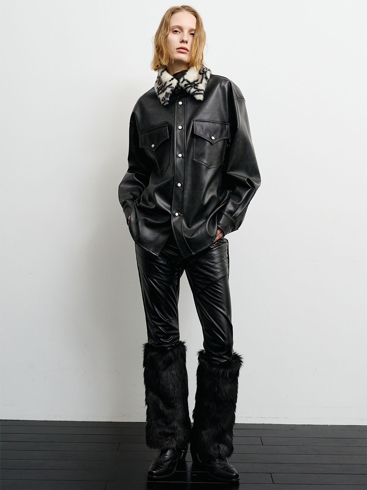 리게(RIGHE) LEATHER FUR SHIRT BLACK