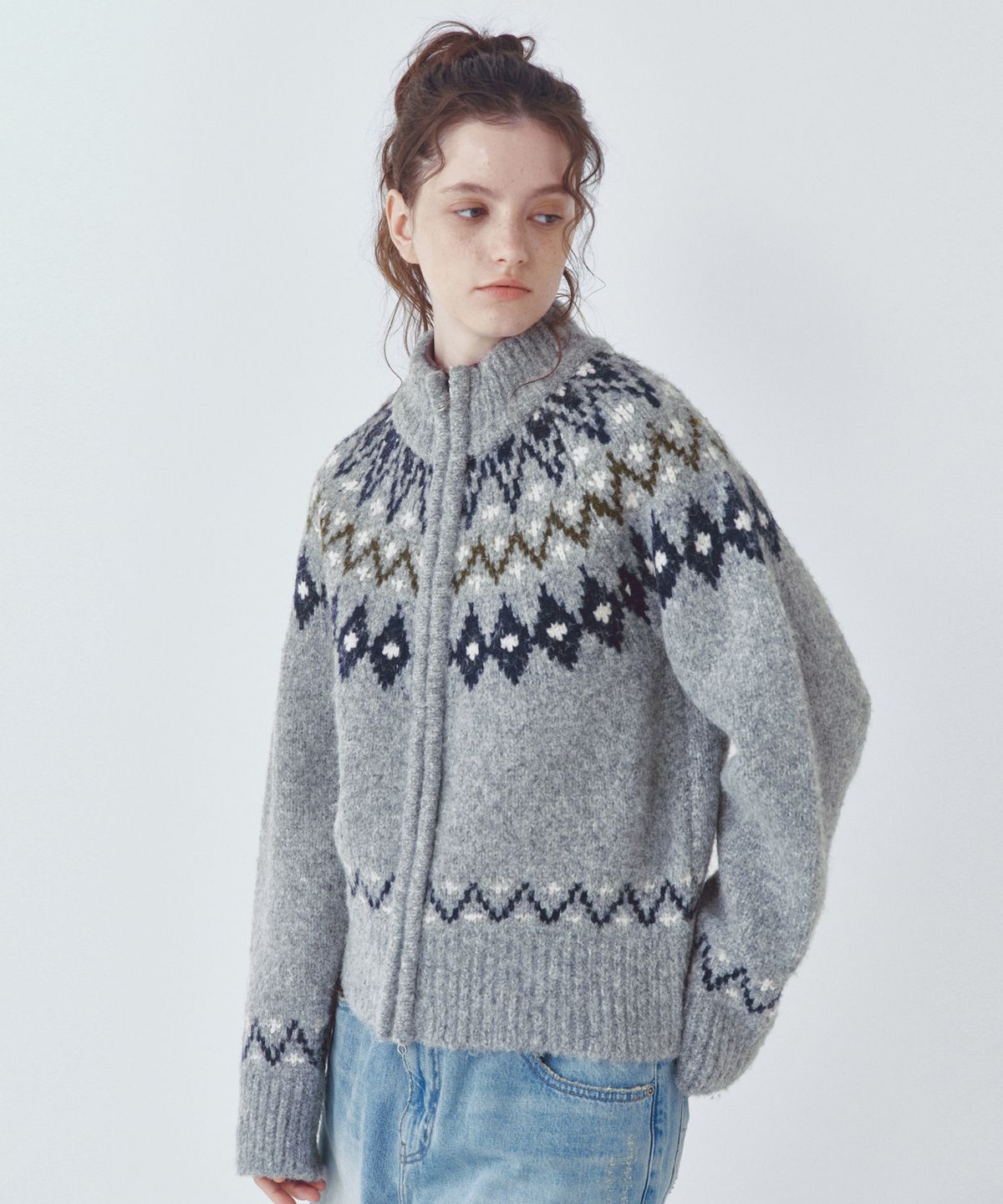 씨타(CITTA) Nordic Wool Blend Jacquard Knit Zip-up_CTK255(Grey)