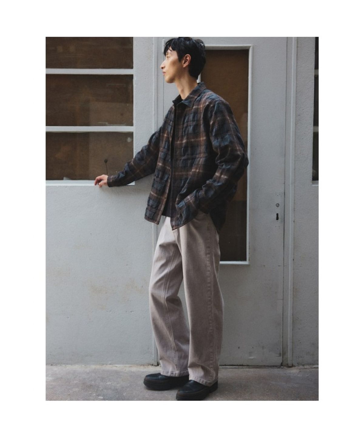 시프트지(SHIFT.G) Wool Crinkle Check Shirts  Brown