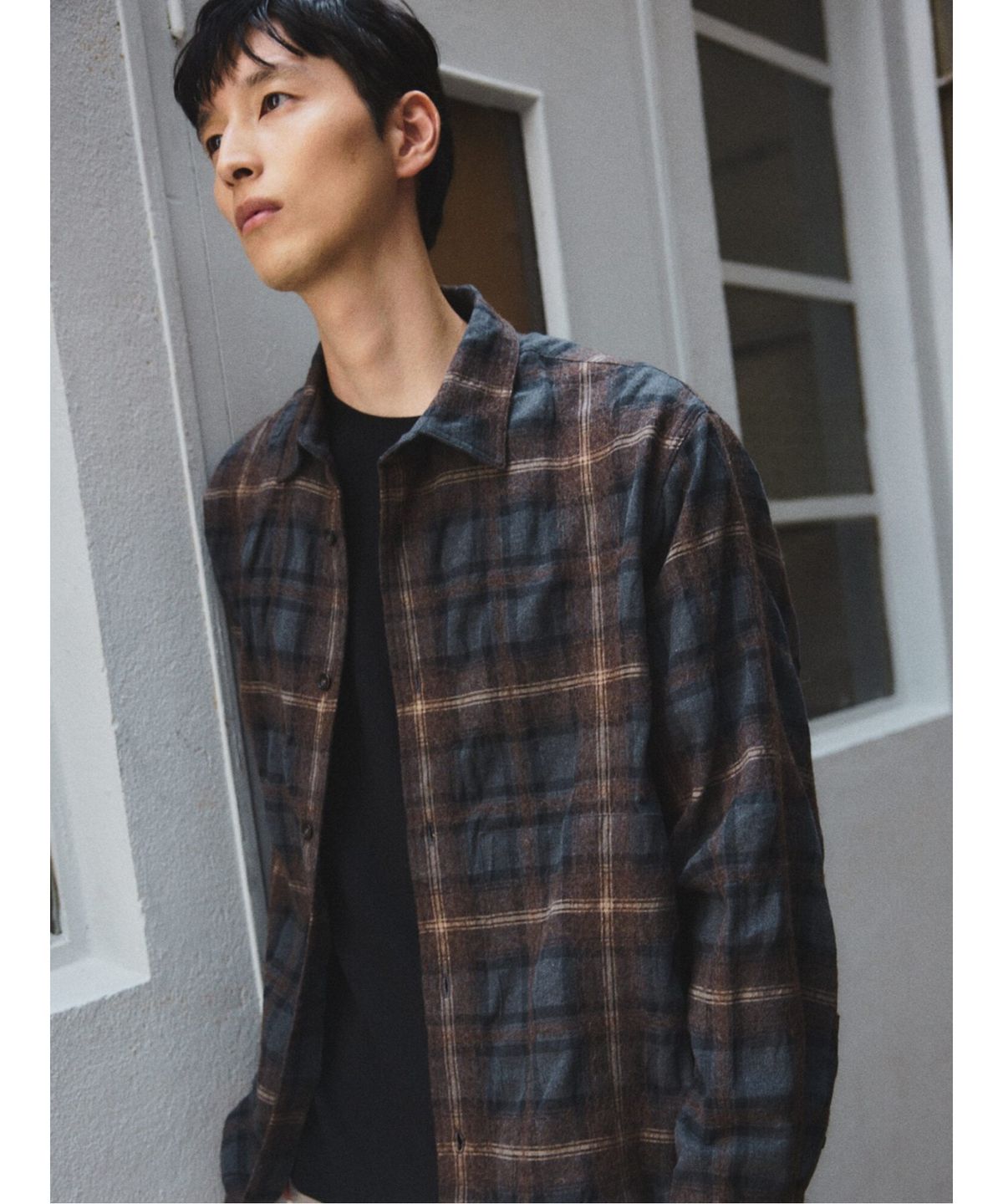 시프트지(SHIFT.G) Wool Crinkle Check Shirts  Brown
