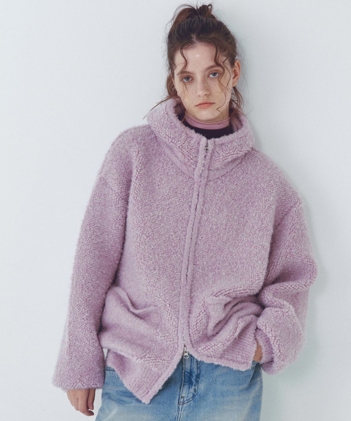 씨타(CITTA) Wool Blended Heavy Brush Knit Hood Zip-up_CTK243(Lavender)