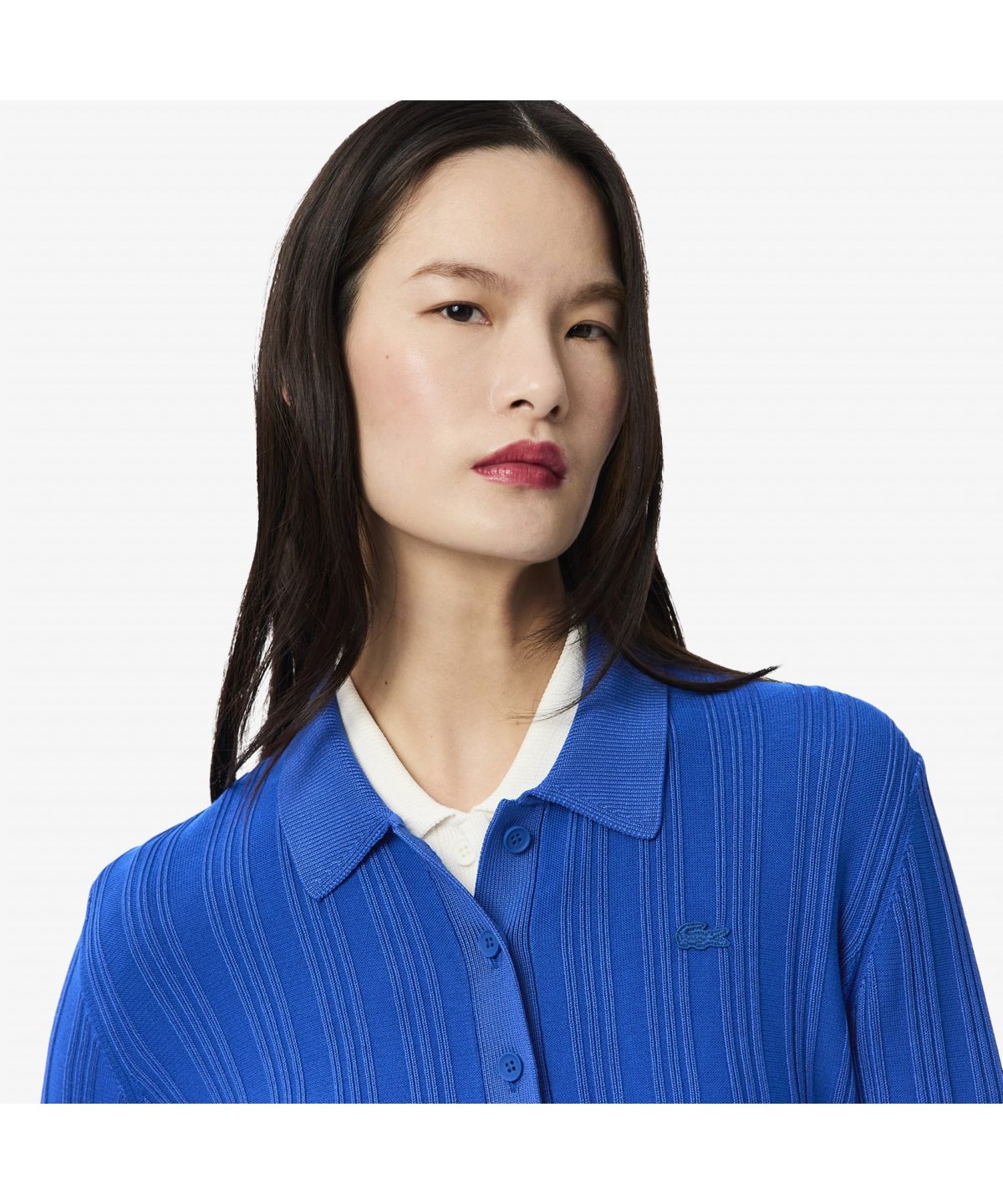 라코스테(LACOSTE) 여성 플리츠 립조직 긴팔 폴로 가디건 AF7614-55N C4X