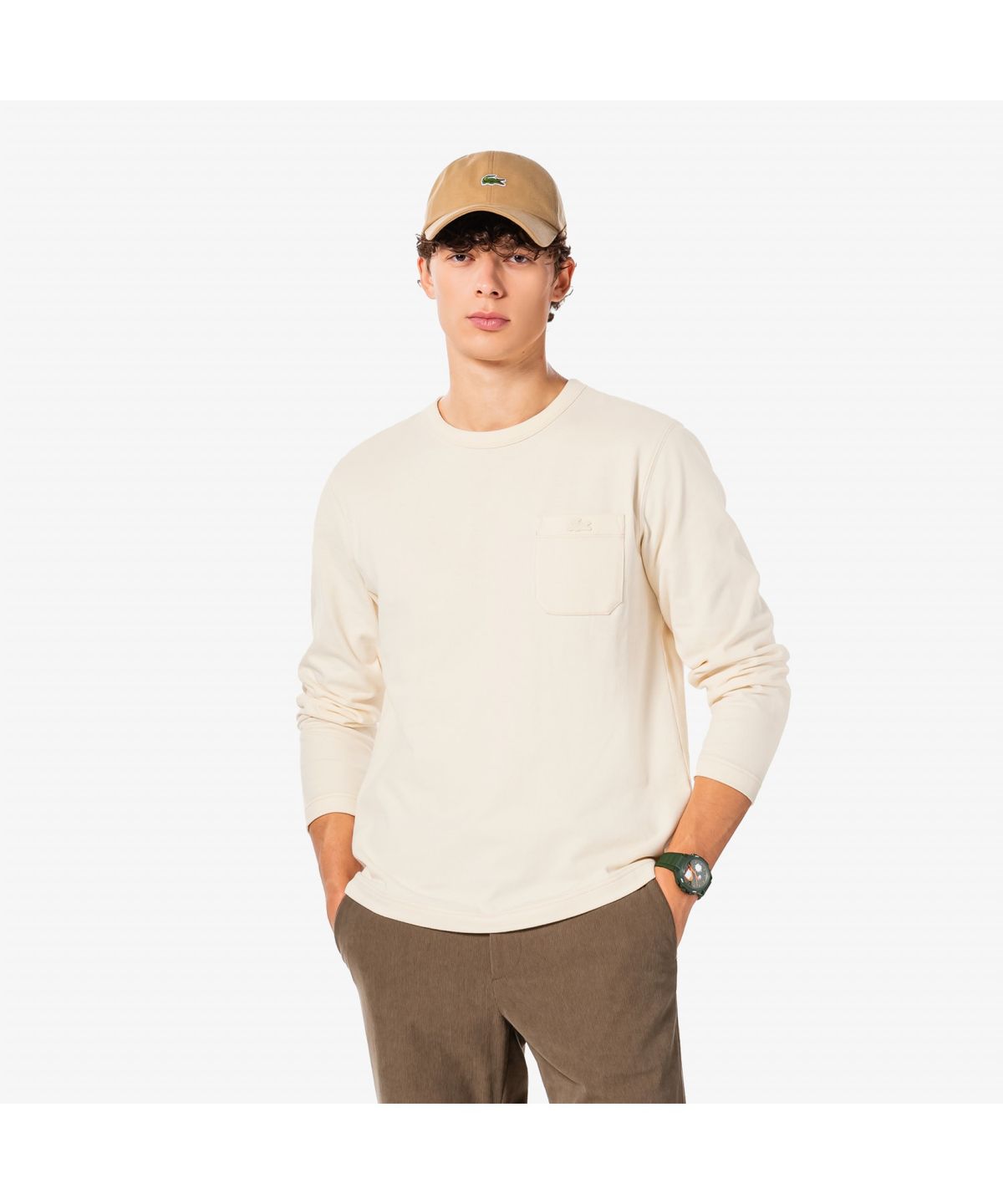 라코스테(LACOSTE) 남성 스티치 크루넥 포켓 긴팔 약기모 티셔츠 TH367E-55N XFJ