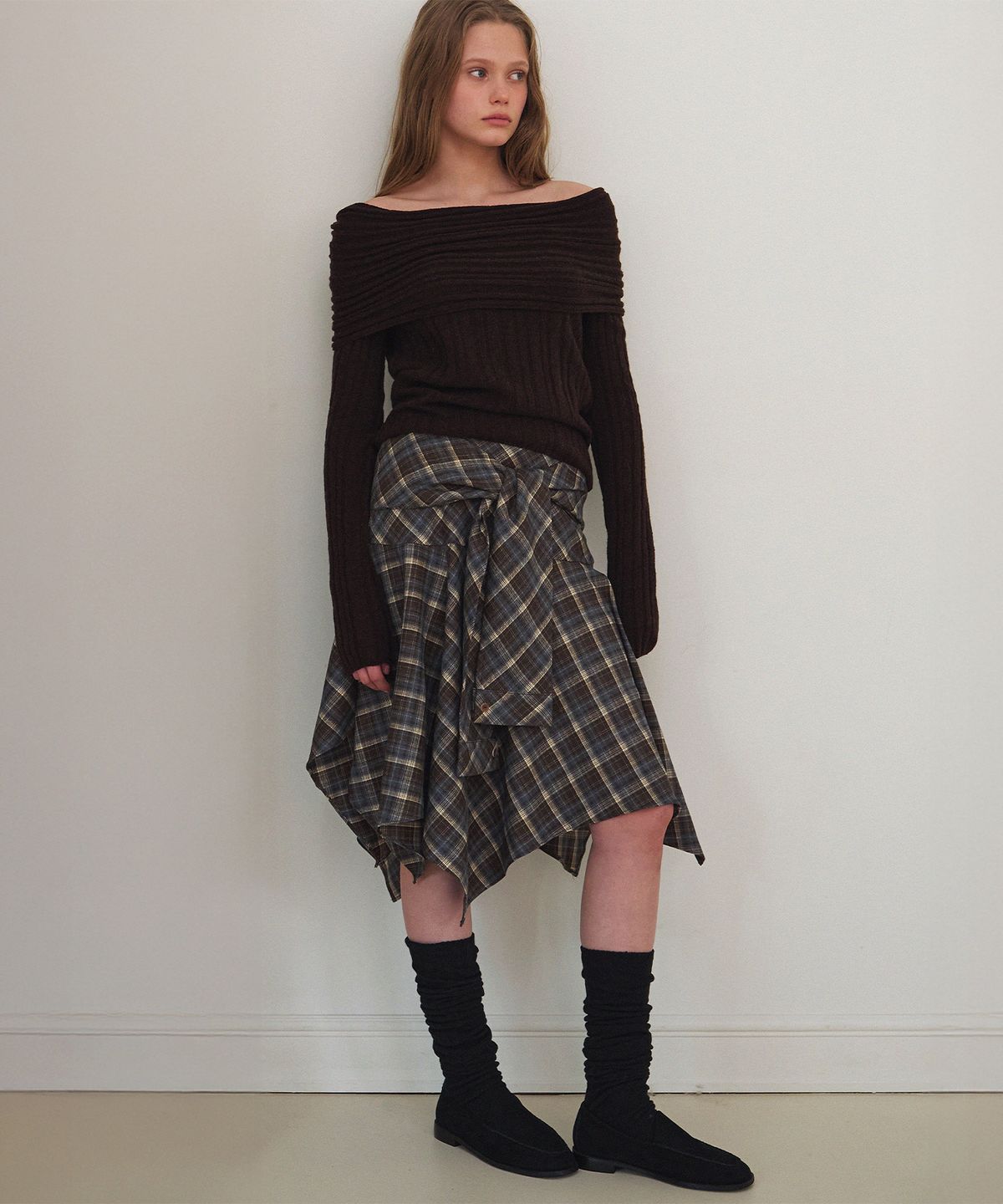하우스 오브 폰드(HOUSE OF POND) Tartan Flair Knee Length Skirt_Brown