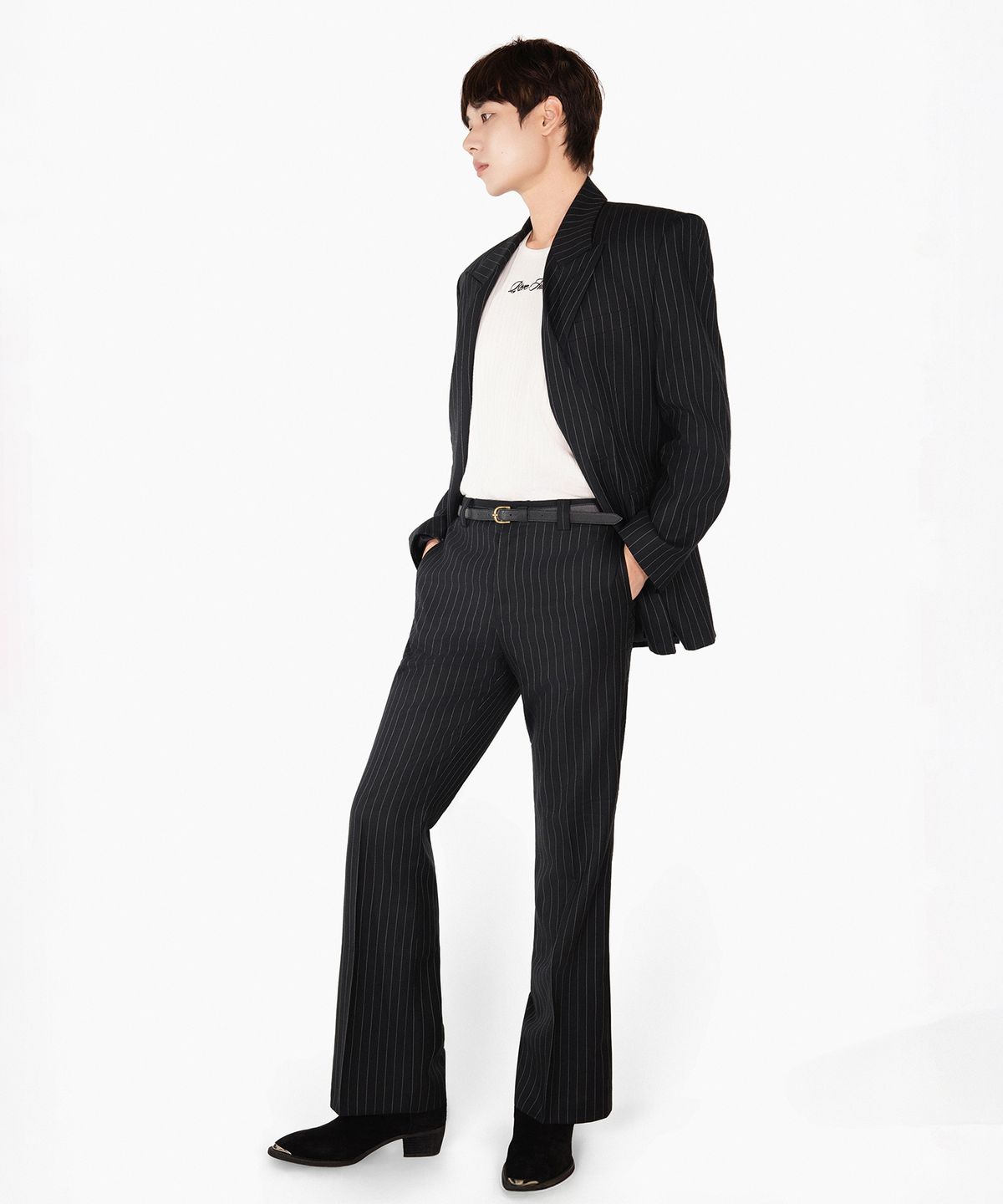 레뷰라(REVURA) SERGE WOOL BOOTCUT TROUSERS - BLACK STIPRE