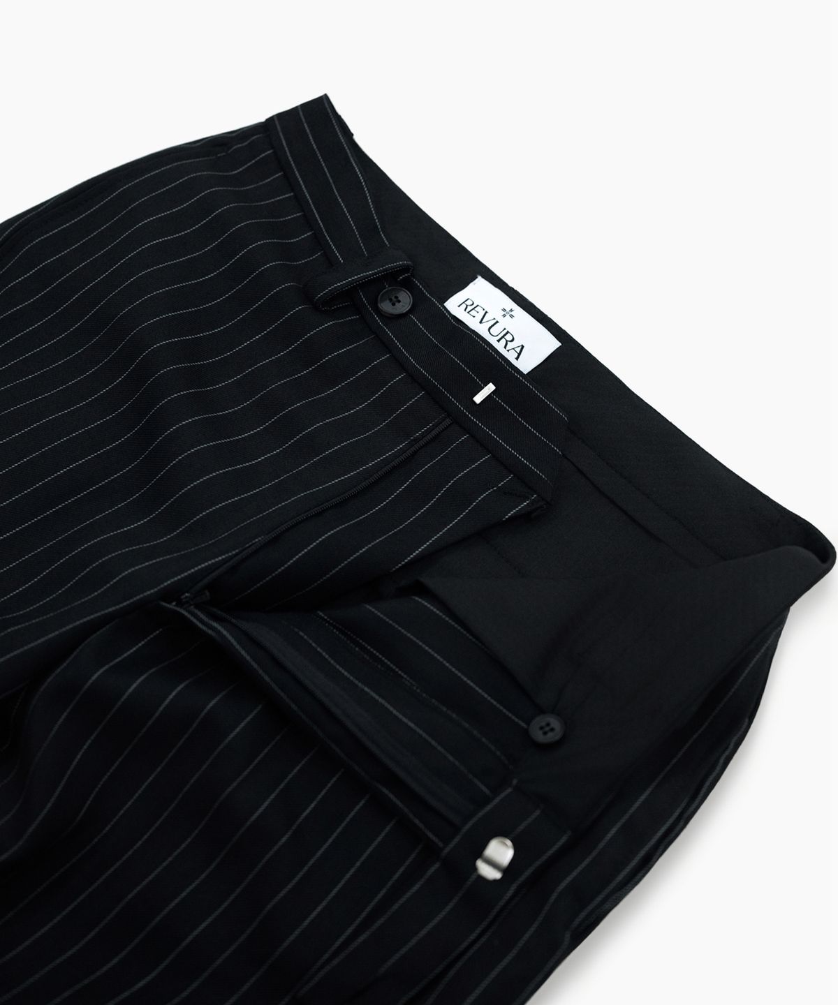 레뷰라(REVURA) SERGE WOOL BOOTCUT TROUSERS - BLACK STIPRE