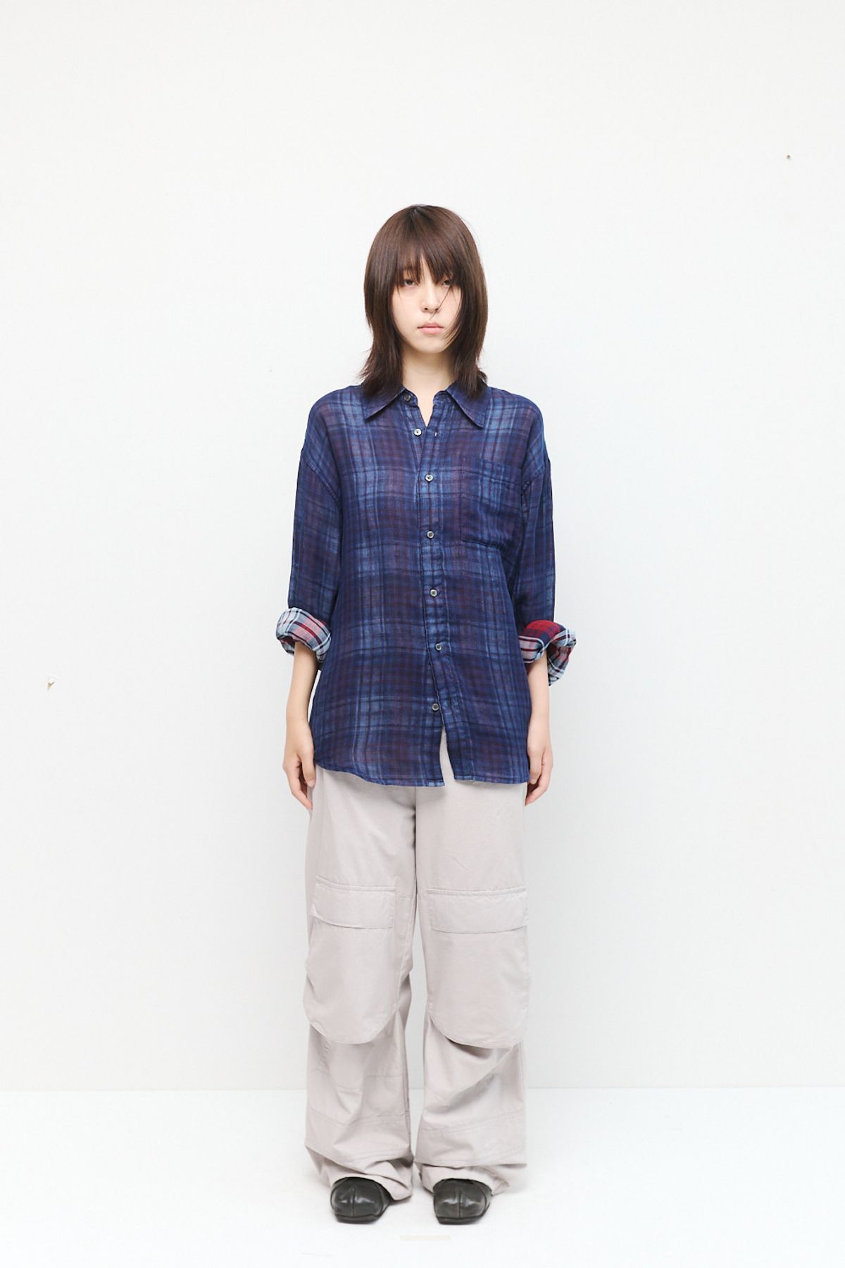 해칭룸(HATCHINGROOM) Archive Shirt V2 Shadow Check Linen Blue