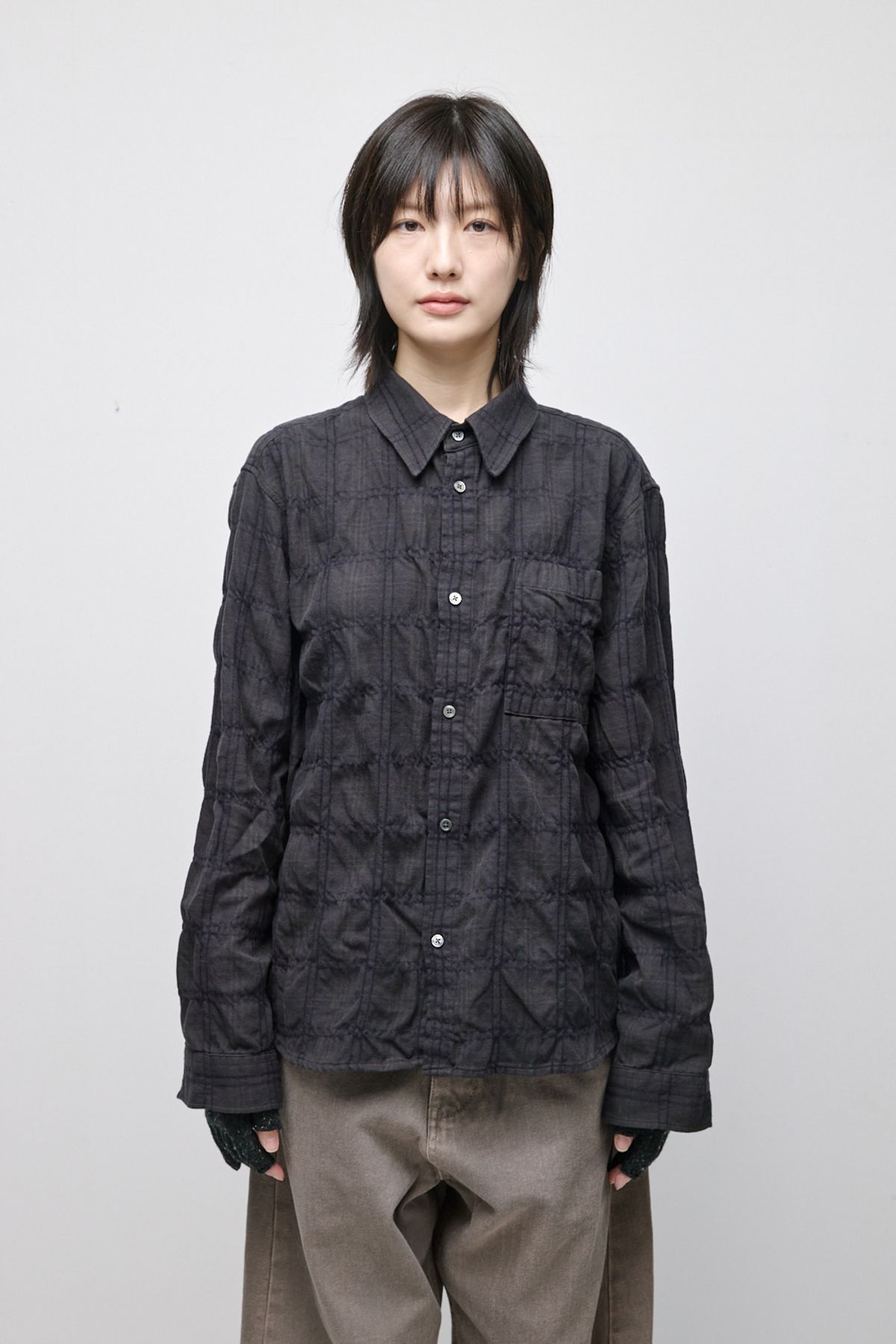 해칭룸(HATCHINGROOM) Museum Shirt Shirring Check Dark Brown
