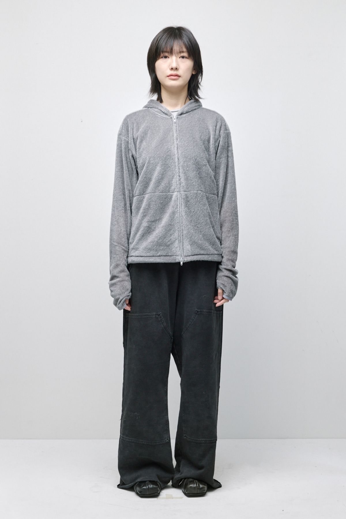 해칭룸(HATCHINGROOM) Fuzzy Mesh Hoodie Light Grey