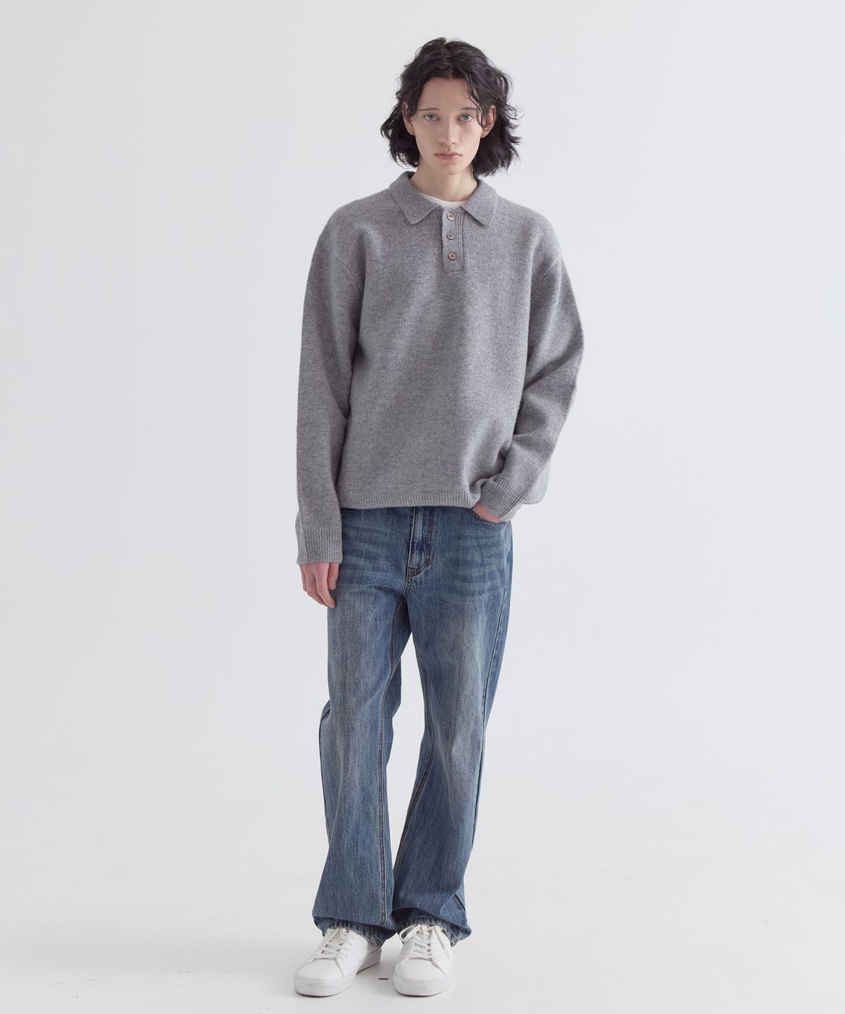 이지오(EZIO) Natural Button Collar Knit_Melange Grey