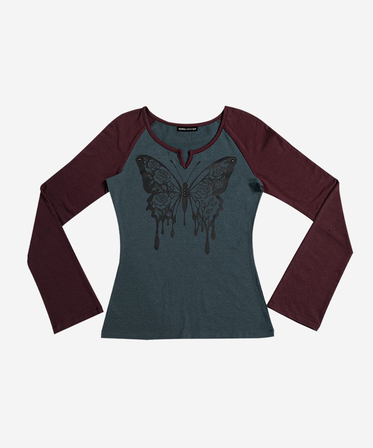 달링유어배드(DARLING, YOU'RE BAD) ROSE BUTTERFLY RAGLAN T-SHIRT #WINE BLUE