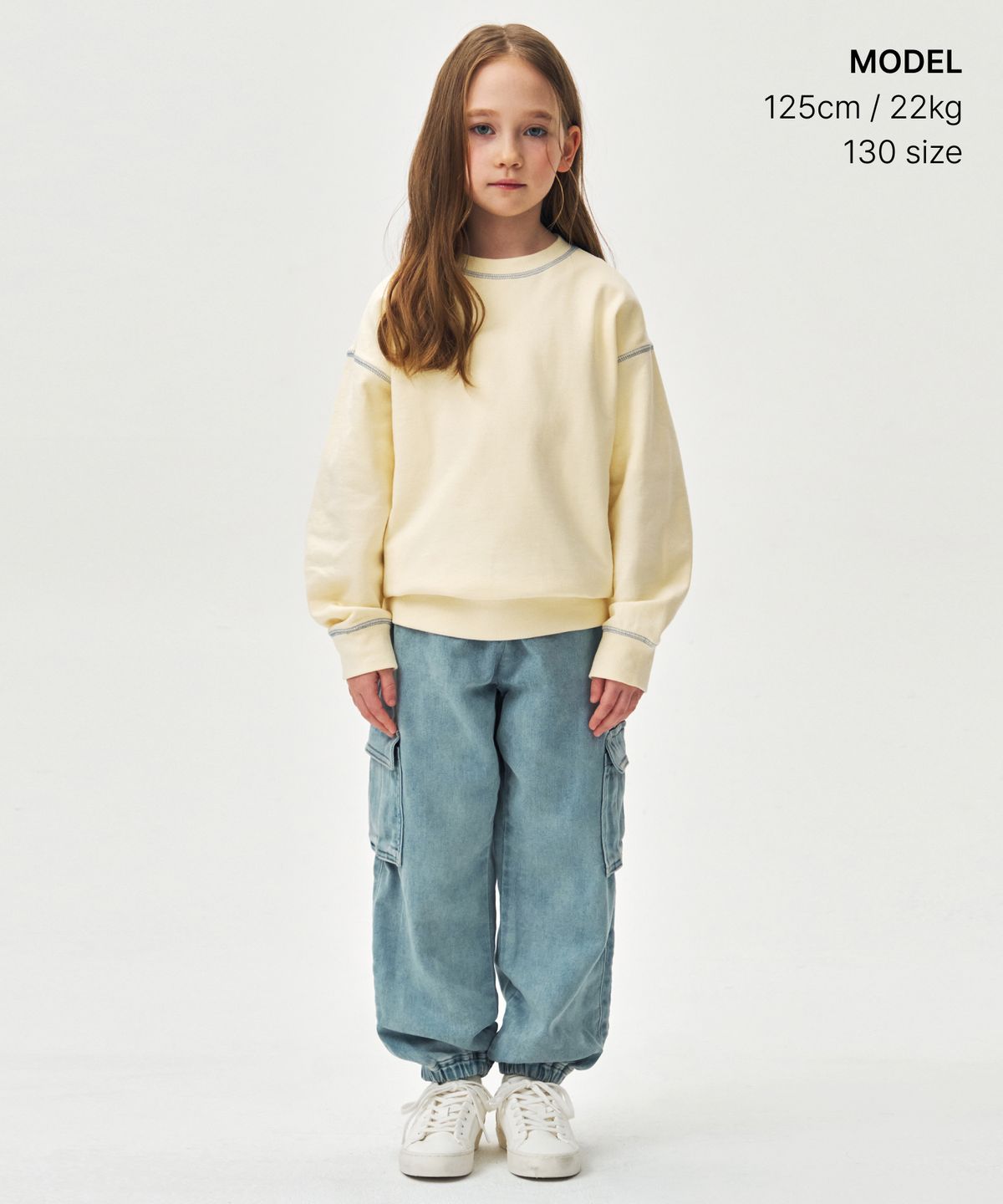 무신사 스탠다드 키즈(MUSINSA STANDARD KIDS) 저지 데님 카고 조거 팬츠 [라이트 인디고]