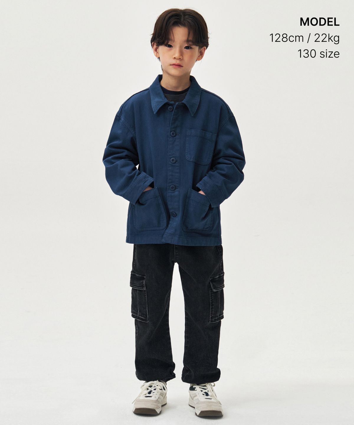 무신사 스탠다드 키즈(MUSINSA STANDARD KIDS) 저지 데님 카고 조거 팬츠 [워시드 블랙]
