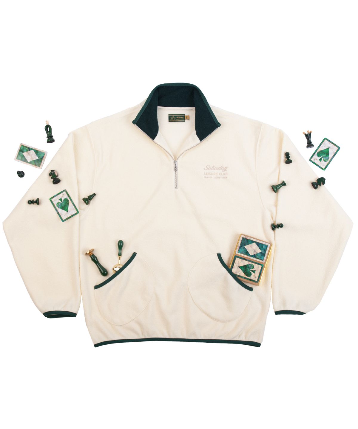 세러데이 레저 클럽(SATURDAY LEISURE CLUB) Leisure Terry Fleece Half Zip-Up Sweater(Unisex) - Ivory & British Racing Green