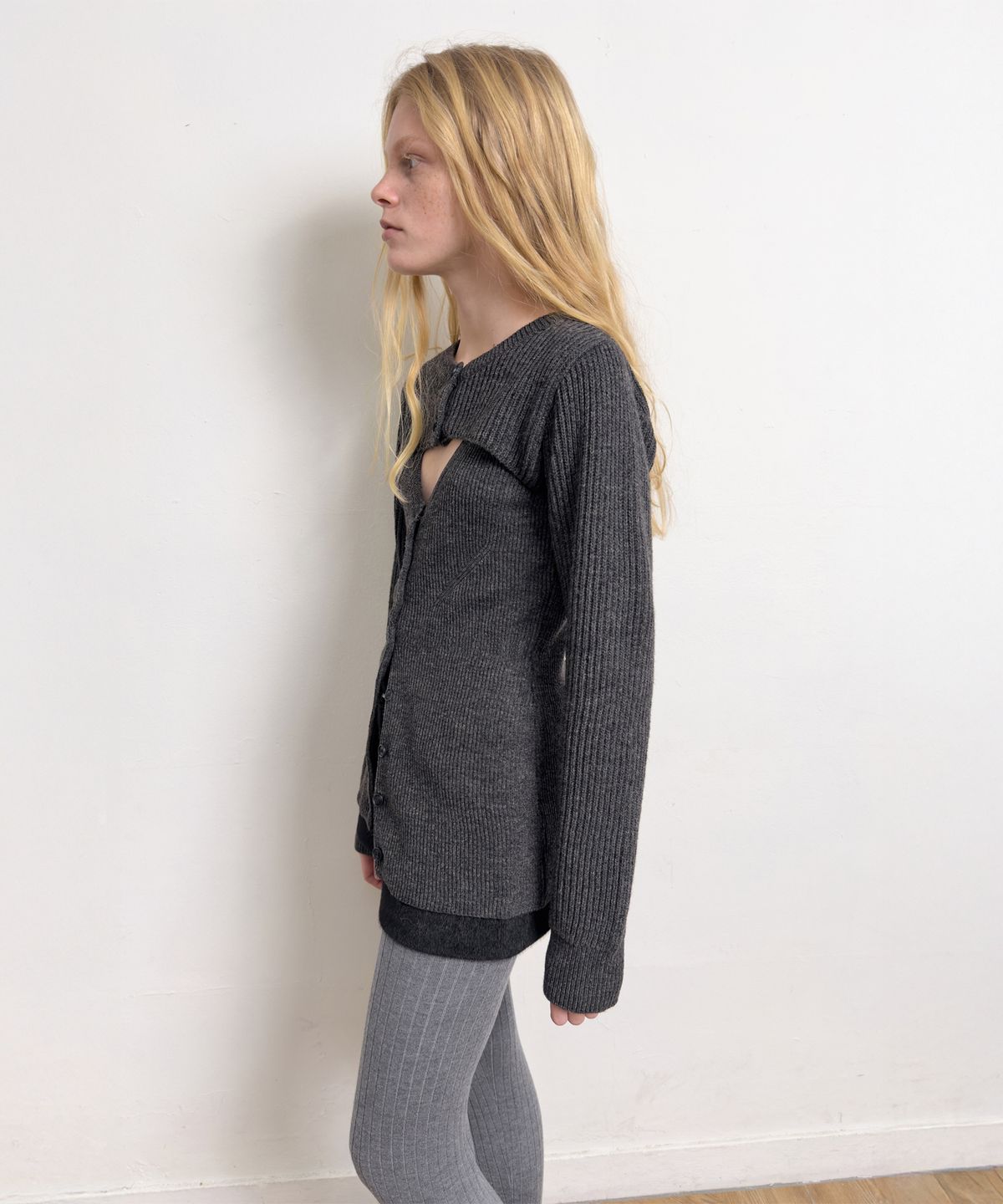 다이애그널(DIAGONAL) BOLERO LAYERED KNIT CARDIGAN (dark grey)
