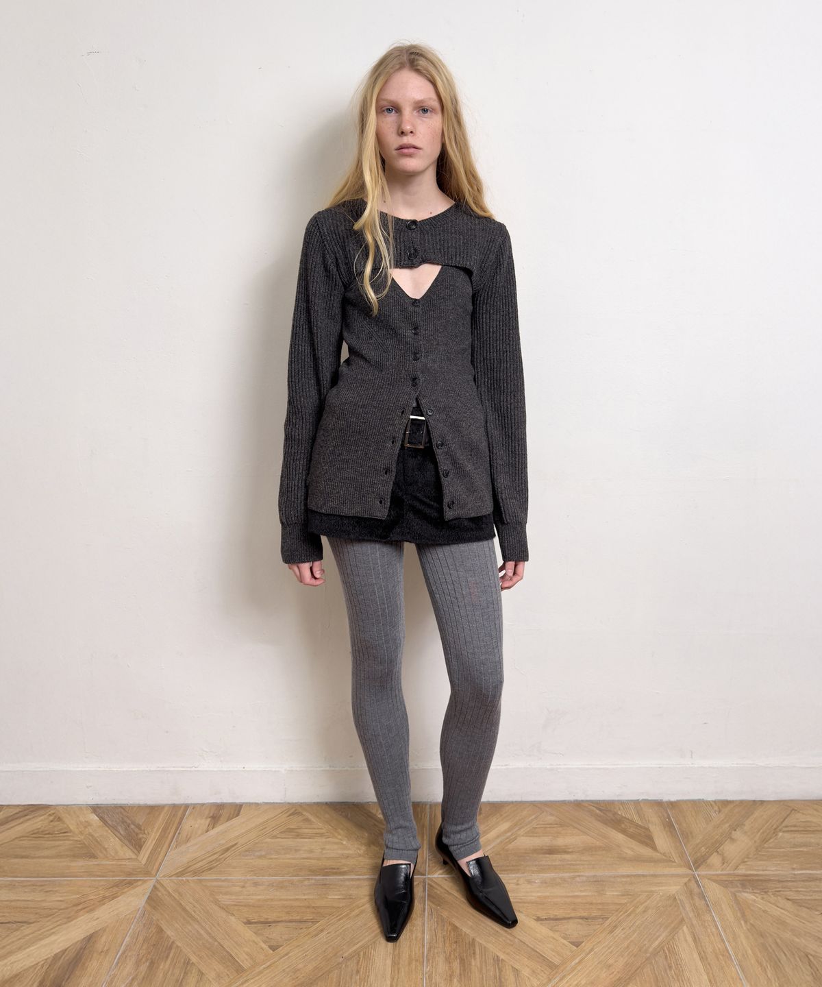 다이애그널(DIAGONAL) BOLERO LAYERED KNIT CARDIGAN (dark grey)