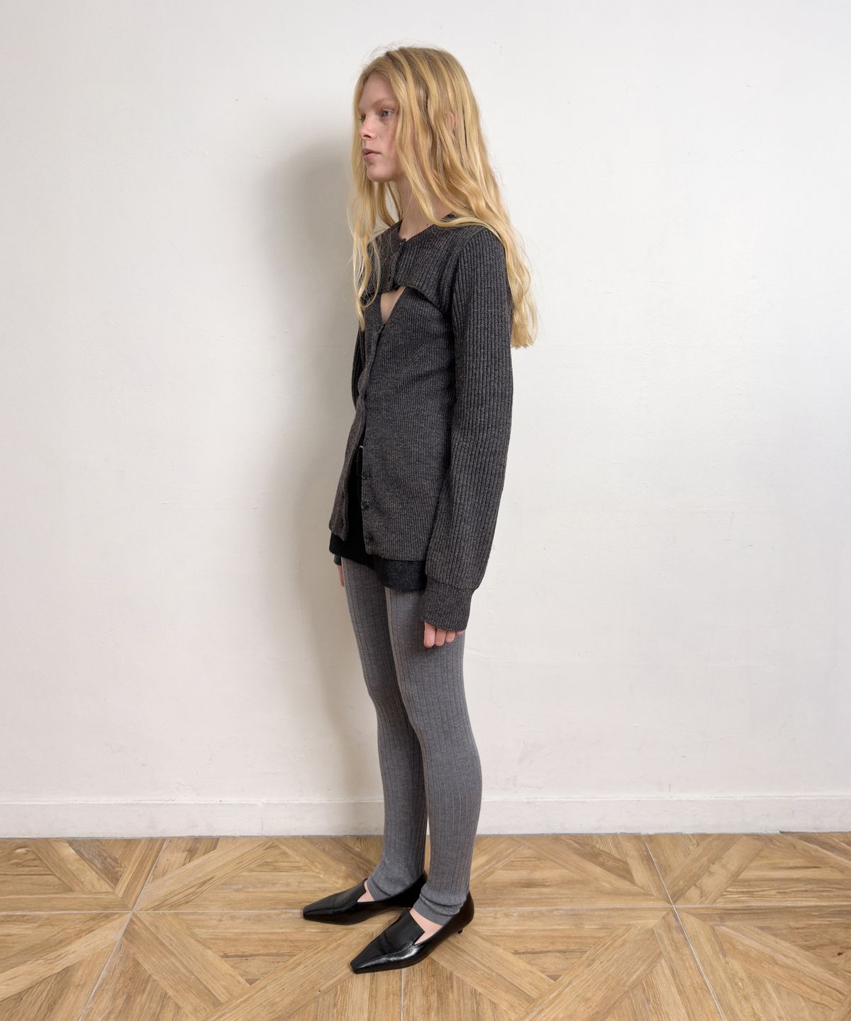 다이애그널(DIAGONAL) BOLERO LAYERED KNIT CARDIGAN (dark grey)