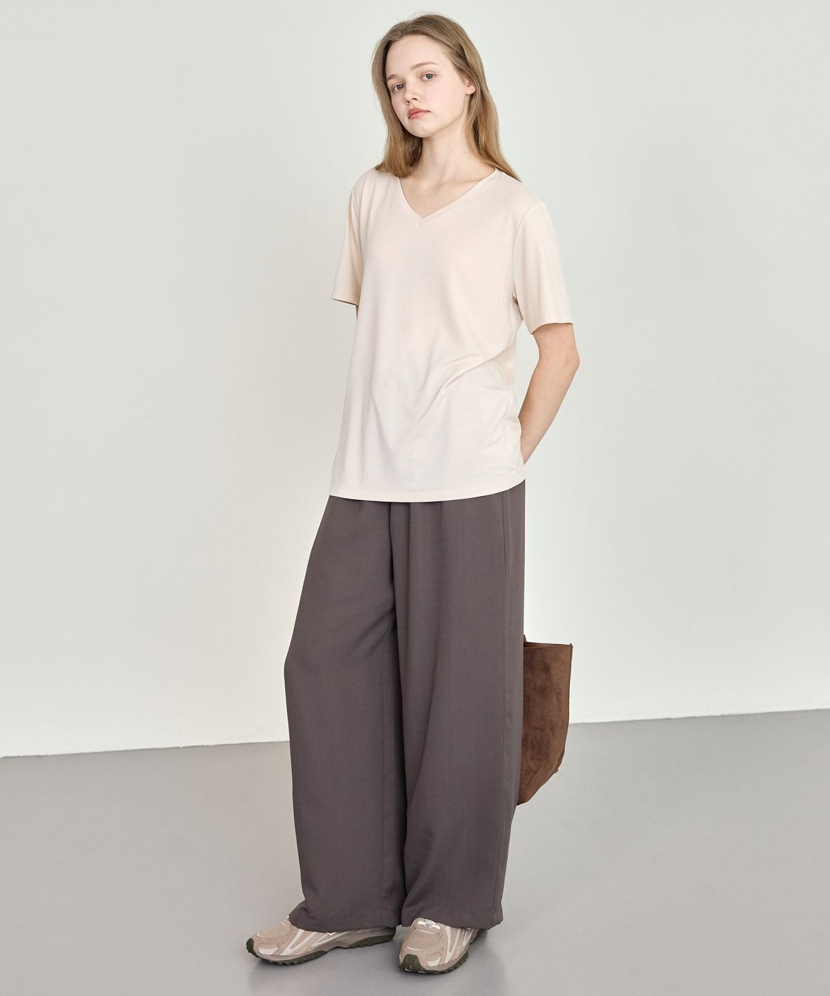 베이직하우스(BASIC HOUSE) 여성 통기성 밴딩 와이드 팬츠 멜란지브라운