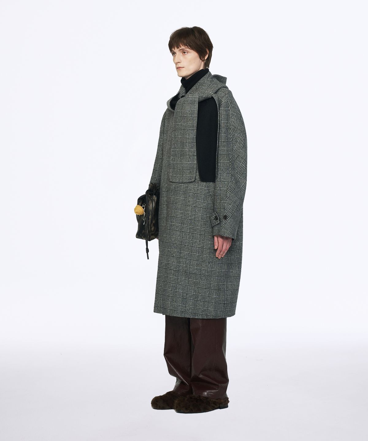 유지(YUJI) GLEN CHECK HOOD MUFFLER HAND MADE COAT GREY