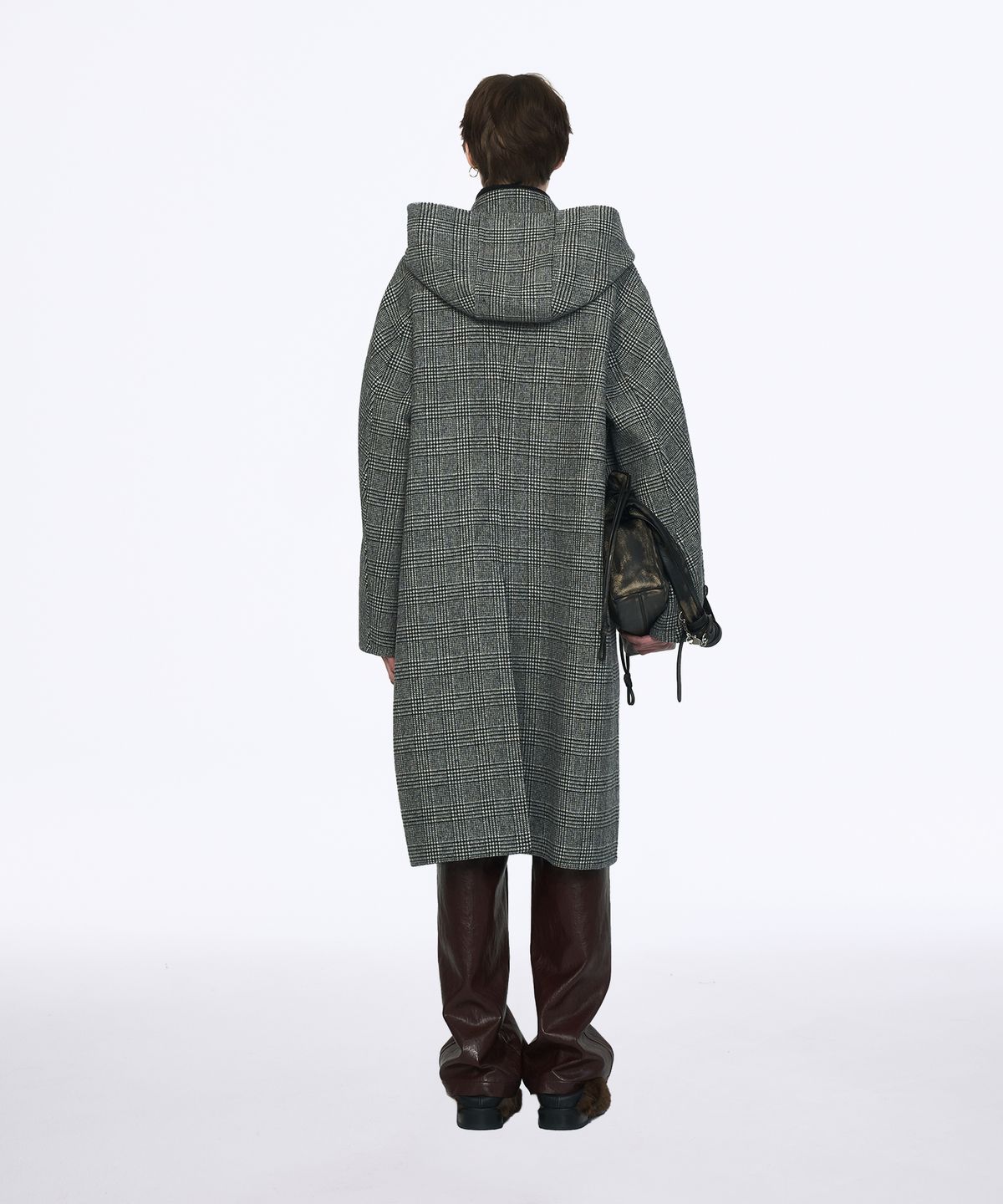 유지(YUJI) GLEN CHECK HOOD MUFFLER HAND MADE COAT GREY