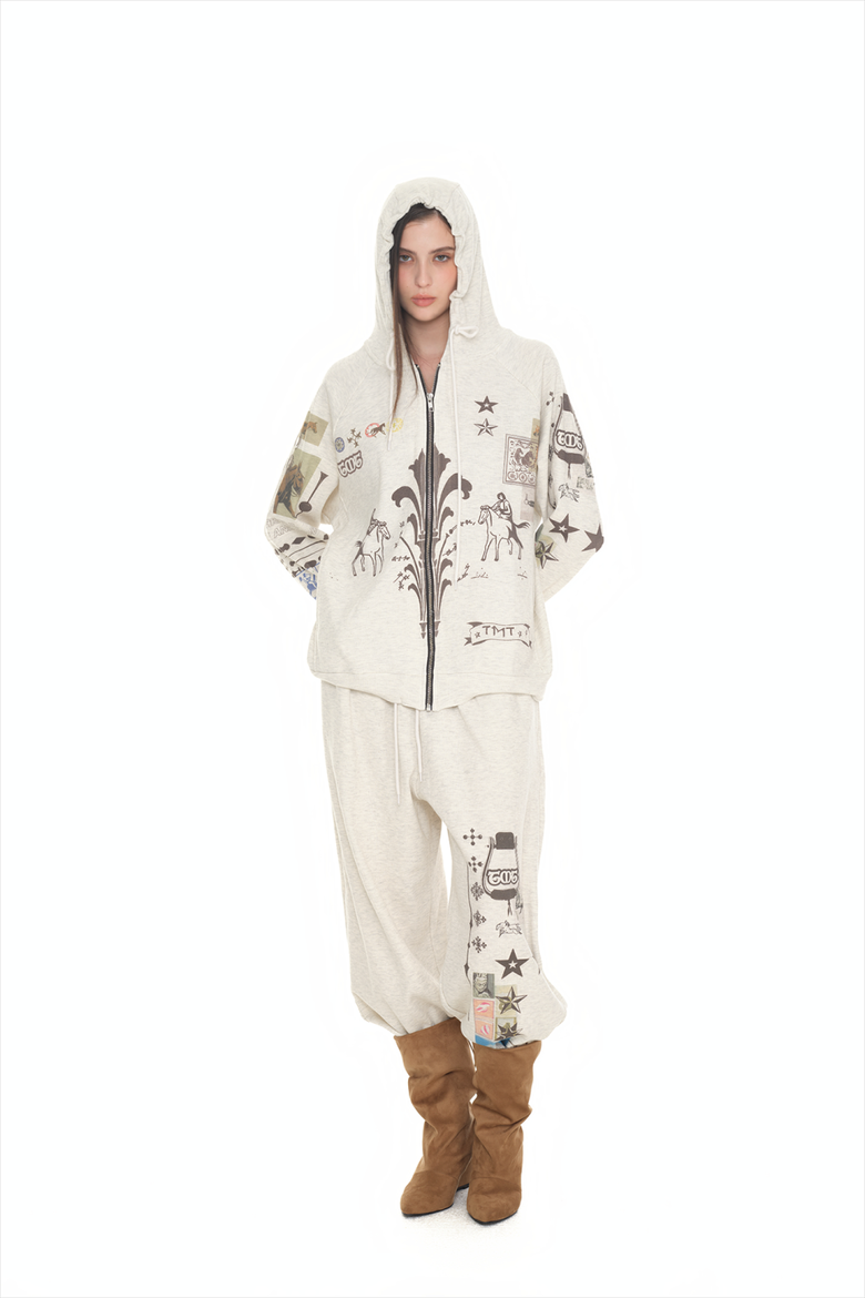 MUSINSA | TOOMUCHTAX PRINTED WAFFLE ZIP-UP HOODIE (IVORY)