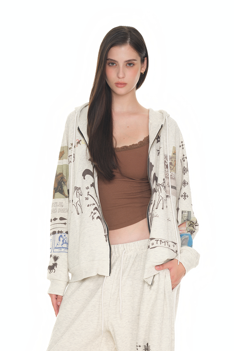 MUSINSA公式 | TOOMUCHTAX PRINTED WAFFLE ZIP-UP HOODIE (IVORY)