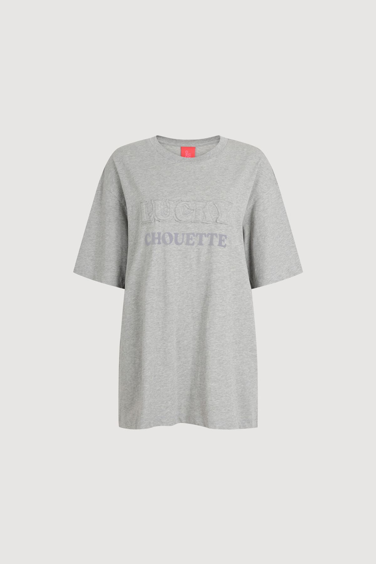 럭키슈에뜨(LUCKY CHOUETTE) Lettering Point Loose Fit Half Sleeve T-shirt (melange grey) LFTAA25160GYM