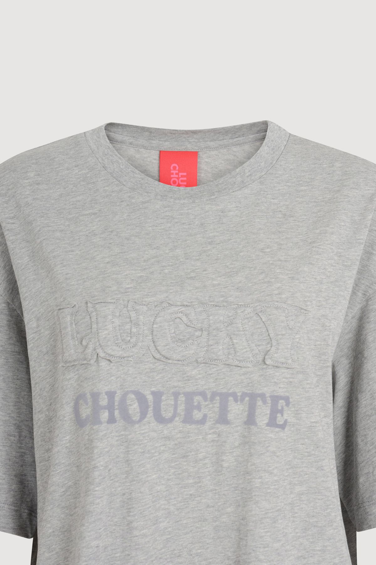 럭키슈에뜨(LUCKY CHOUETTE) Lettering Point Loose Fit Half Sleeve T-shirt (melange grey) LFTAA25160GYM
