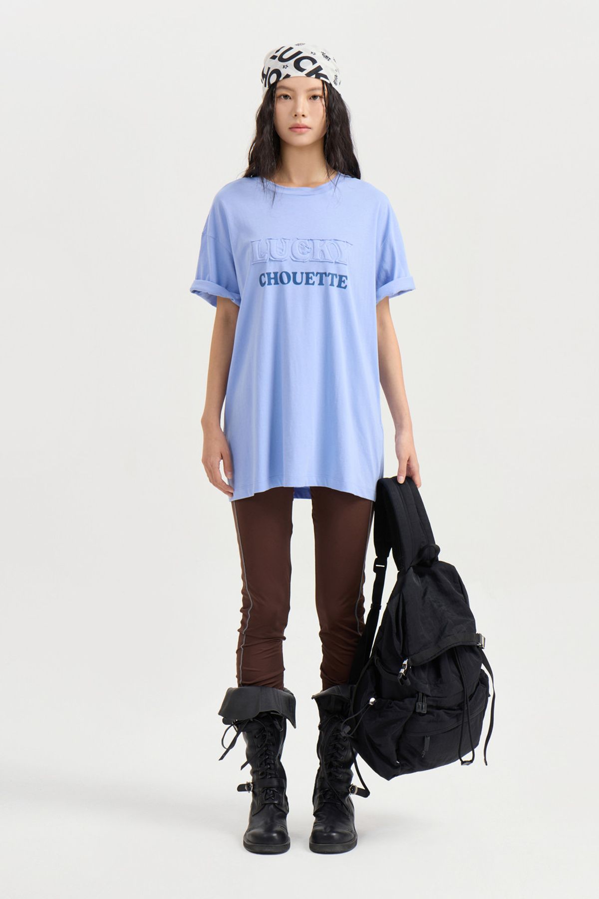 럭키슈에뜨(LUCKY CHOUETTE) Lettering Point Loose Fit Half Sleeve T-shirt (blue) LFTAA25160BUX