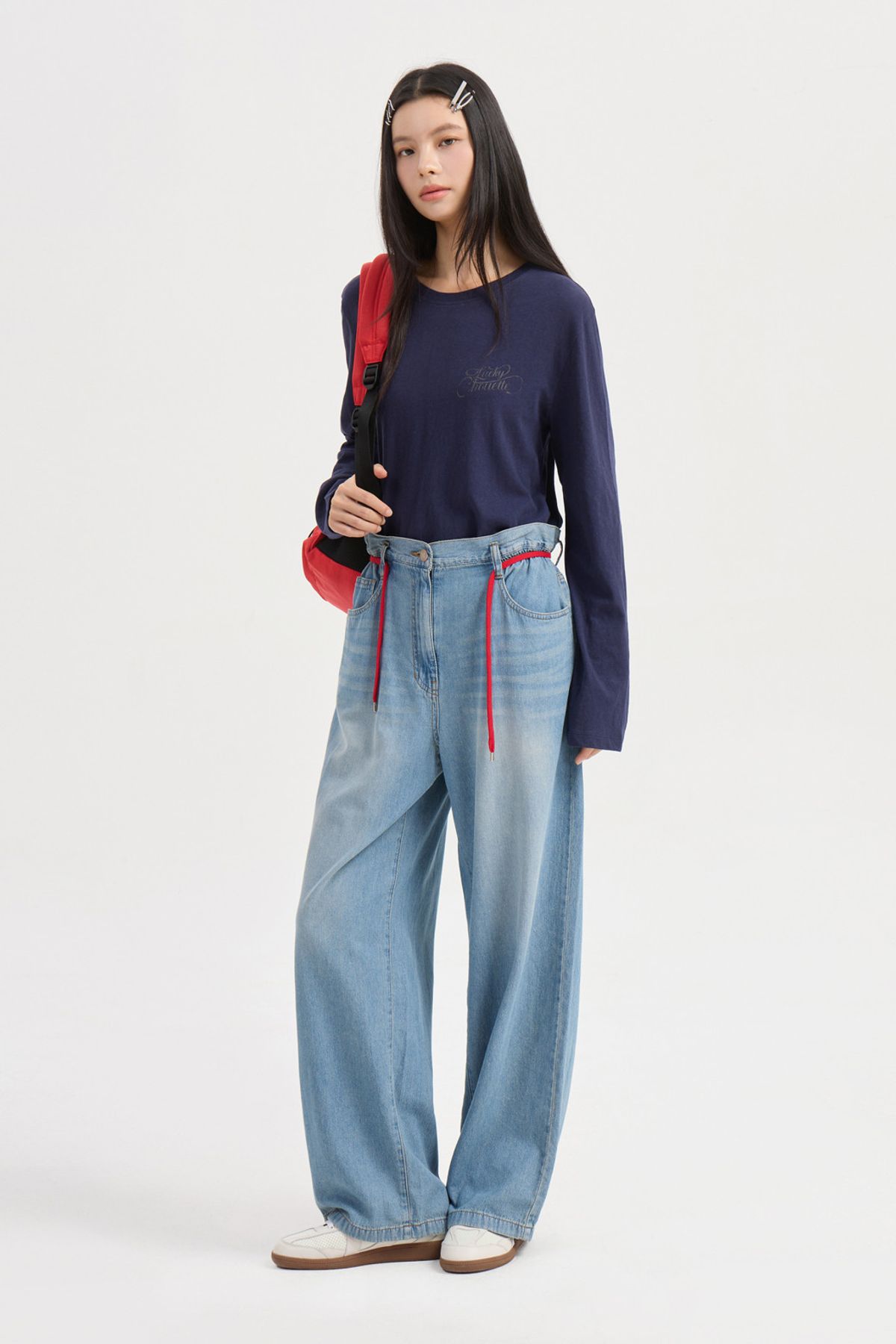 럭키슈에뜨(LUCKY CHOUETTE) Print Point Basic Fit Long Sleeve T-shirt (dark navy) LFTAA25140NYD