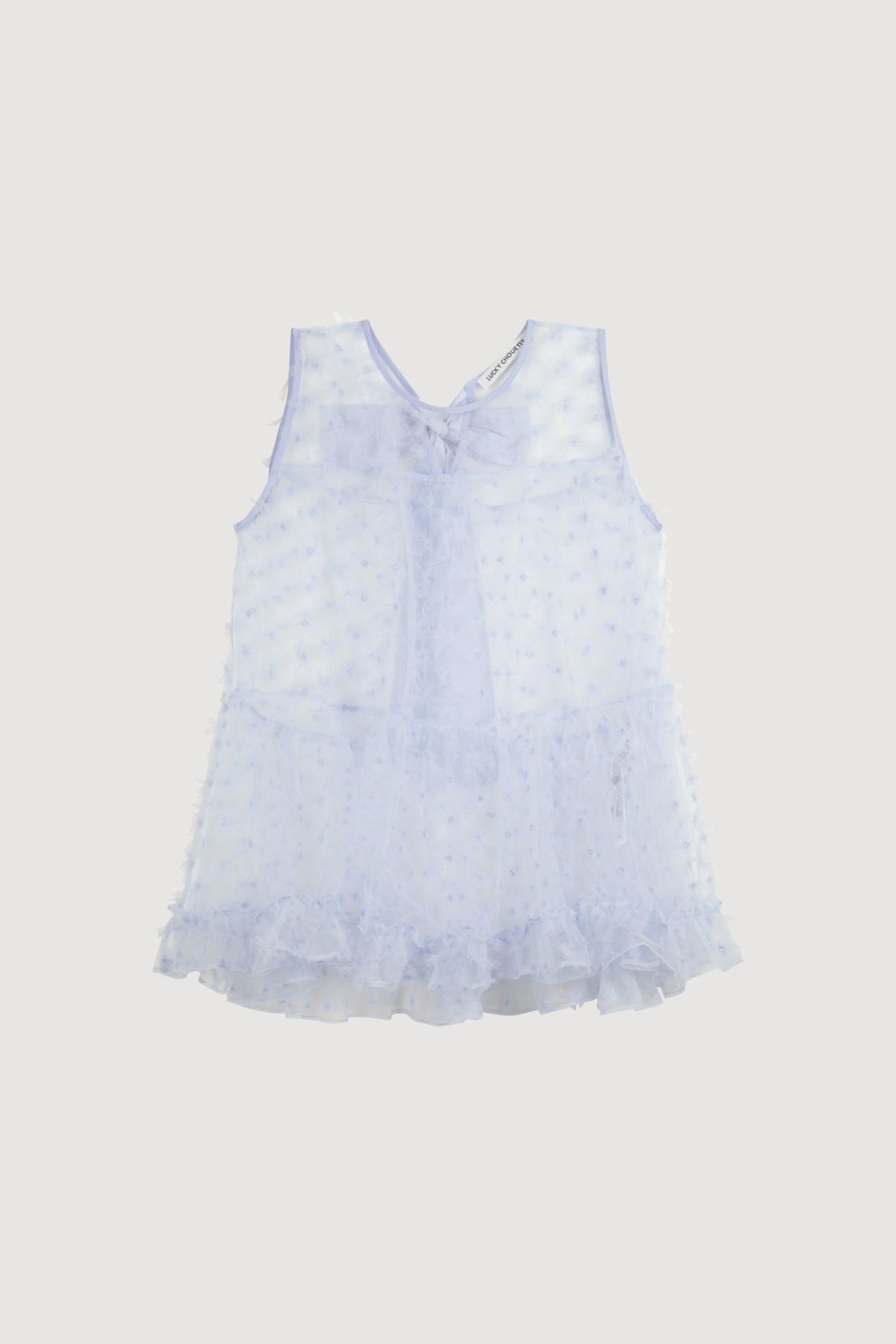 럭키슈에뜨(LUCKY CHOUETTE) Sleeveless Flower Embroidery Shirring Blouse (light blue) LFSAX25025BUL