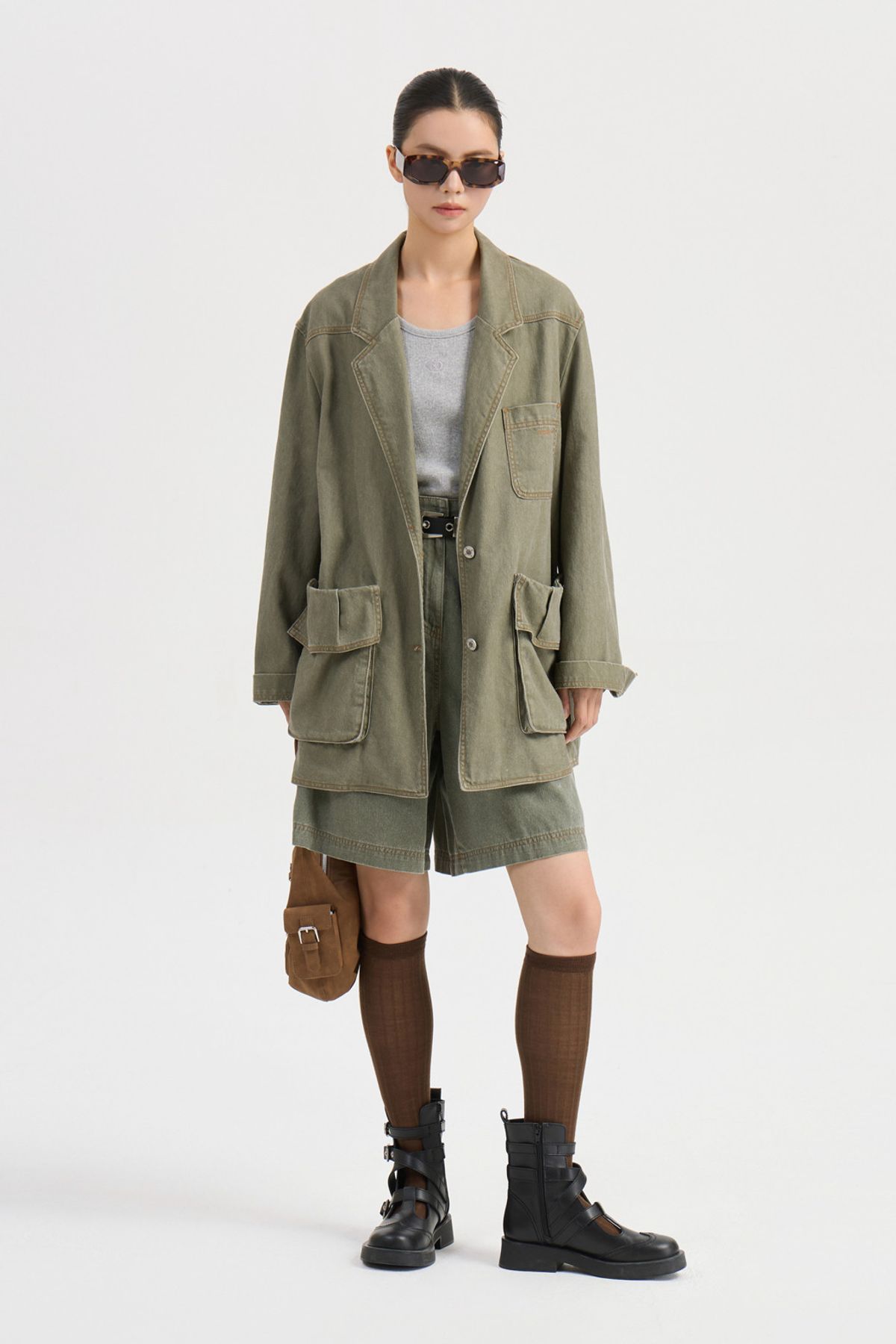 럭키슈에뜨(LUCKY CHOUETTE) Washing Denim Back Banding Shorts (khaki) LFPDW25230KHX