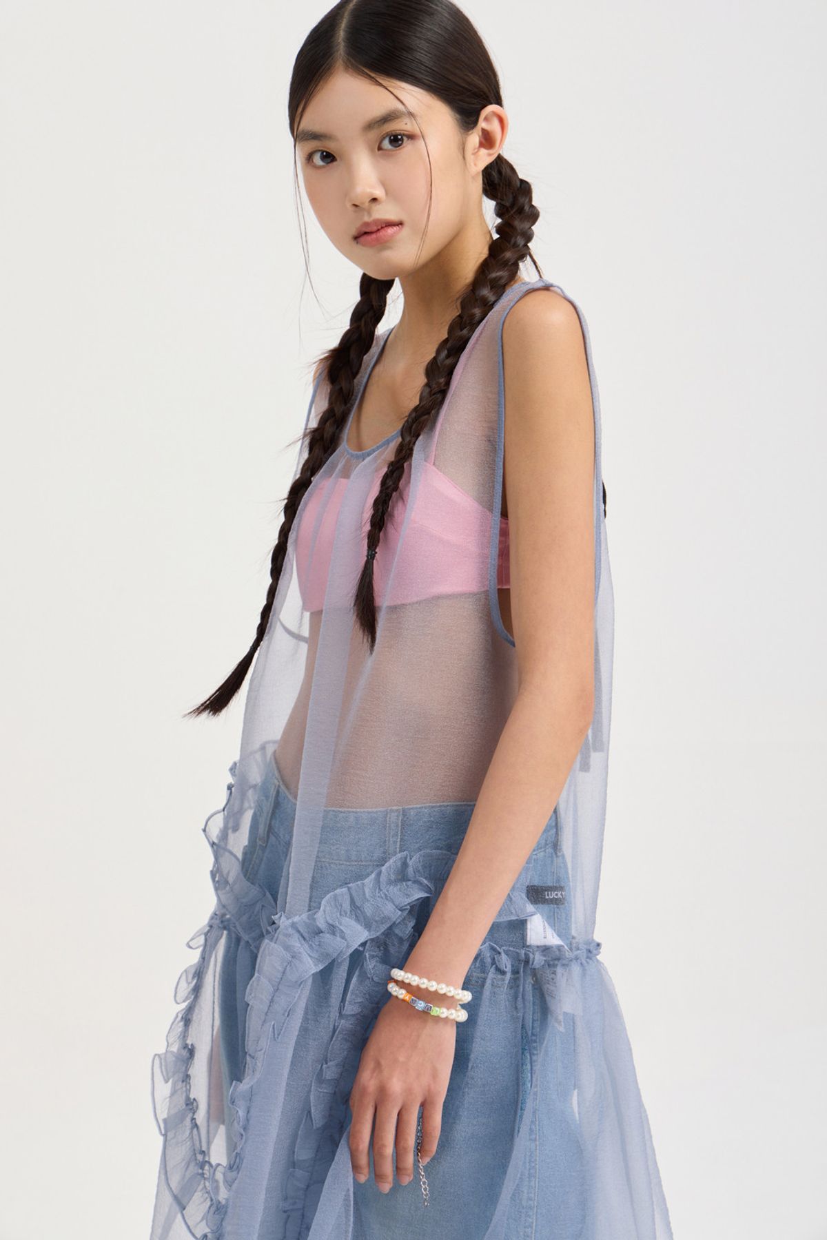 럭키슈에뜨(LUCKY CHOUETTE) Sleeveless Layering Frill Dress (grey) LFDAX25680GYX