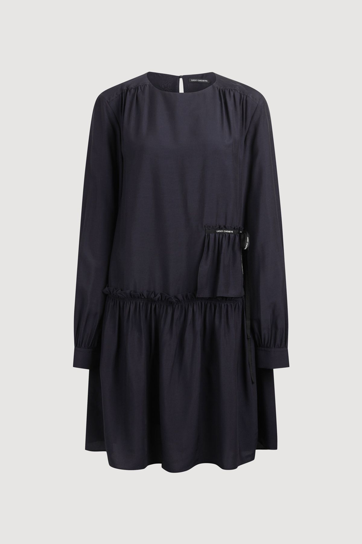 럭키슈에뜨(LUCKY CHOUETTE) Ruffled Detail Round Neck Dress (dark navy) LFDAW25220NYD