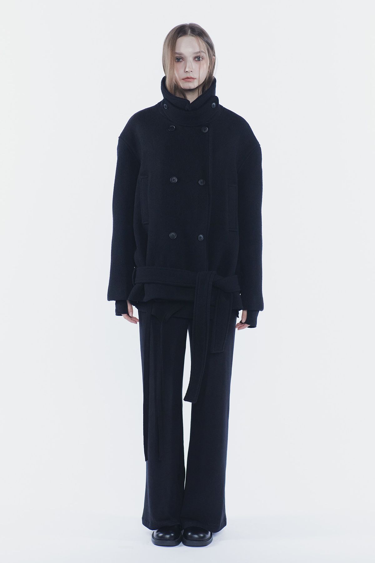페인오어플레져(PAINORPLEASURE) AMBER BELTED DOUBLE COAT black