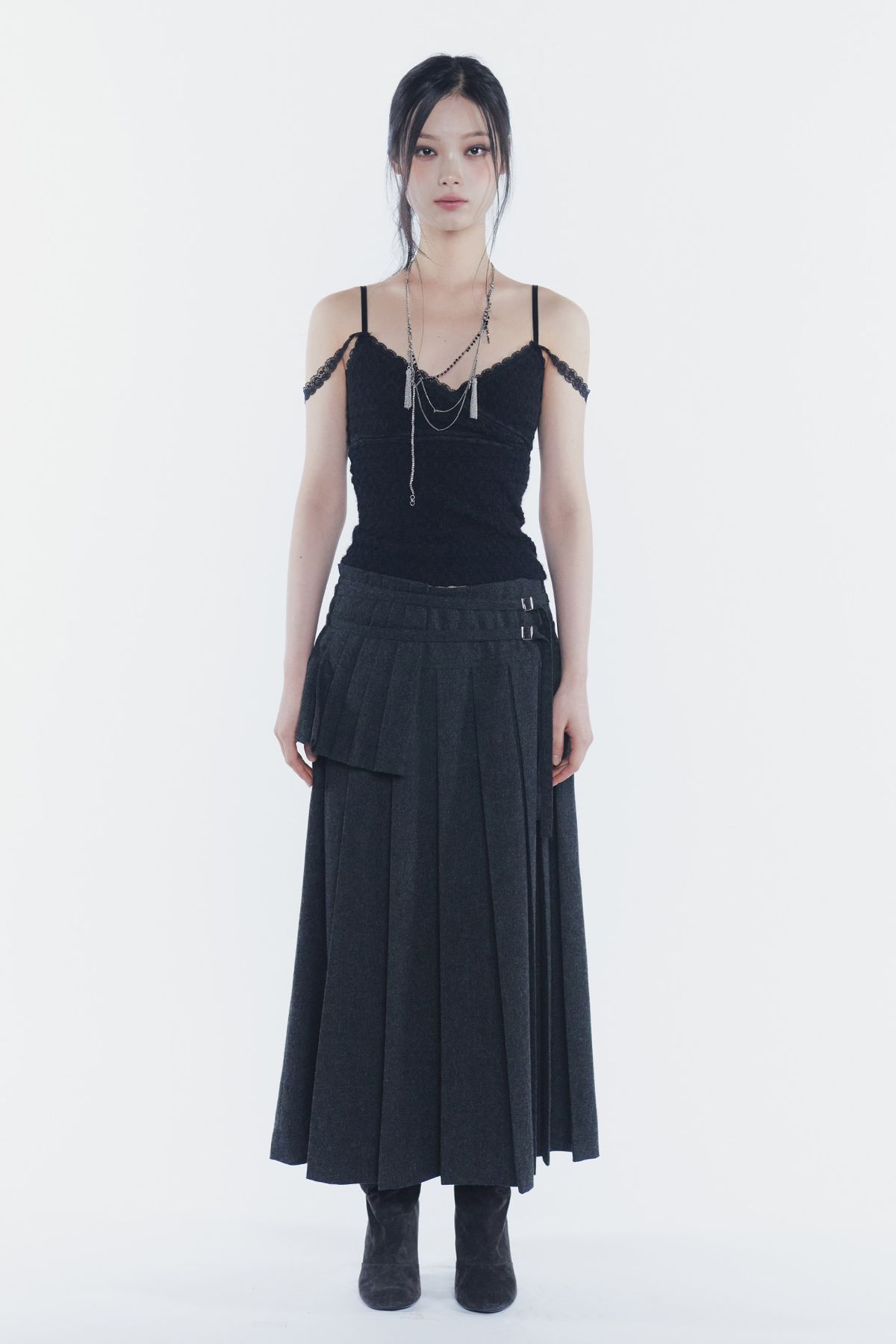페인오어플레져(PAINORPLEASURE) LAYERED PLEATS SKIRT charcoal