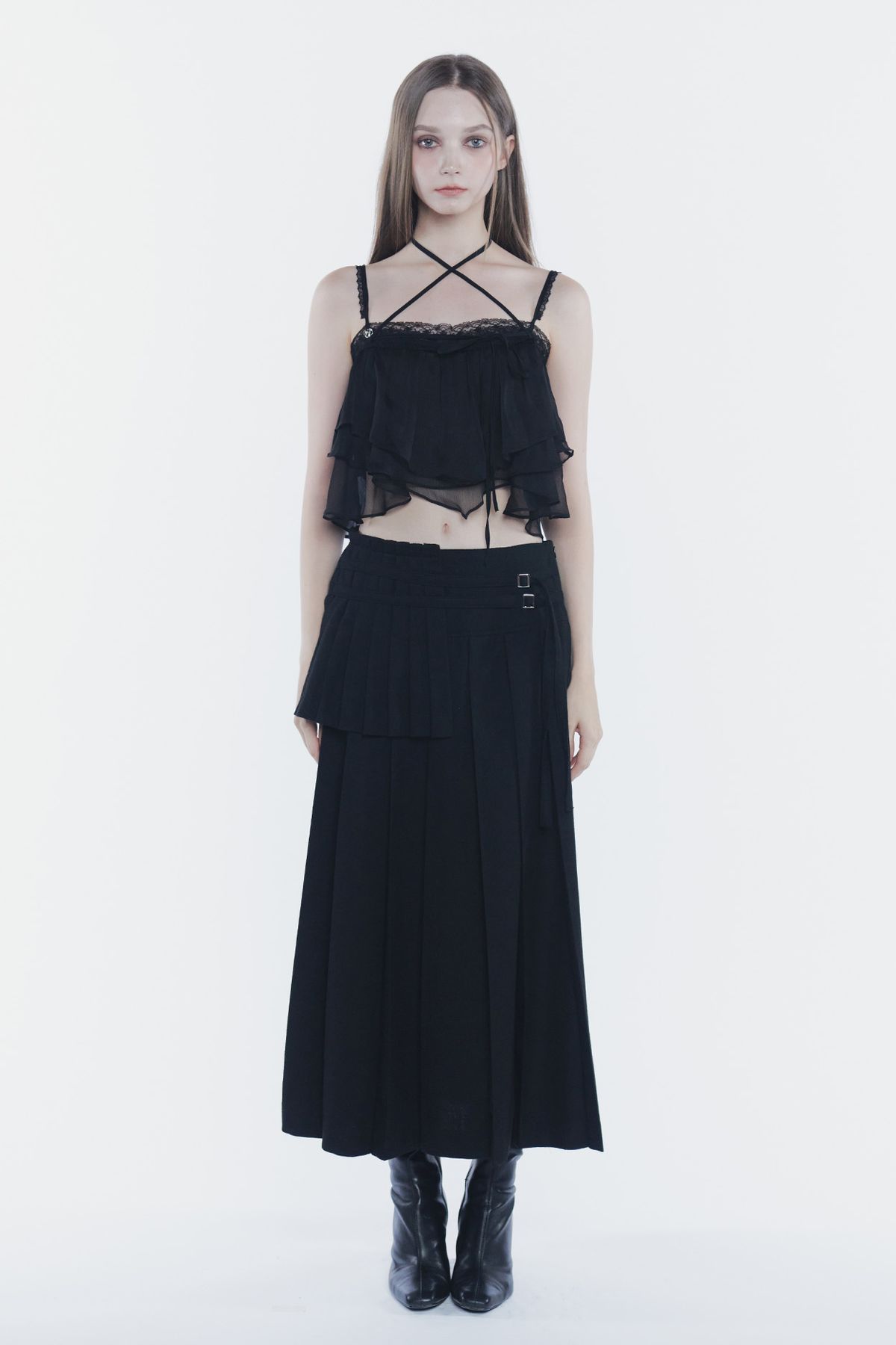 페인오어플레져(PAINORPLEASURE) LAYERED PLEATS SKIRT black